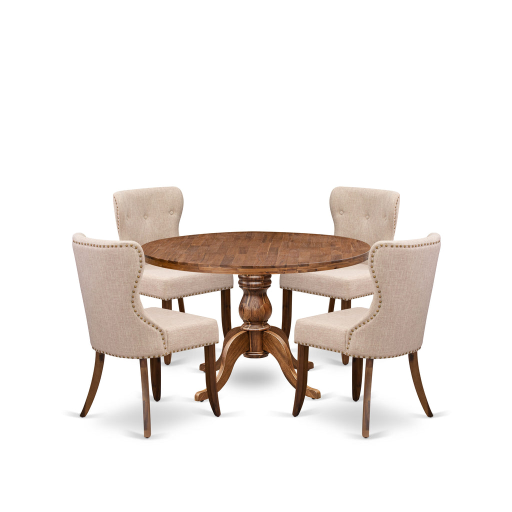 Luxe by East West Furniture I6SI5-40N-04 5 Piece Dining Set Consists of a 48" Round Kitchen Table with Pedestal and 4 Light Tan Linen Fabric Parson Chairs, Antique Walnut
