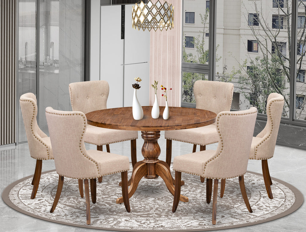 Luxe by East West Furniture I6SI7-40N-04 7 Piece Kitchen Table Set Contains a 48" Round Table with Pedestal and 6 Light Tan Linen Fabric Parson Chairs, Antique Walnut