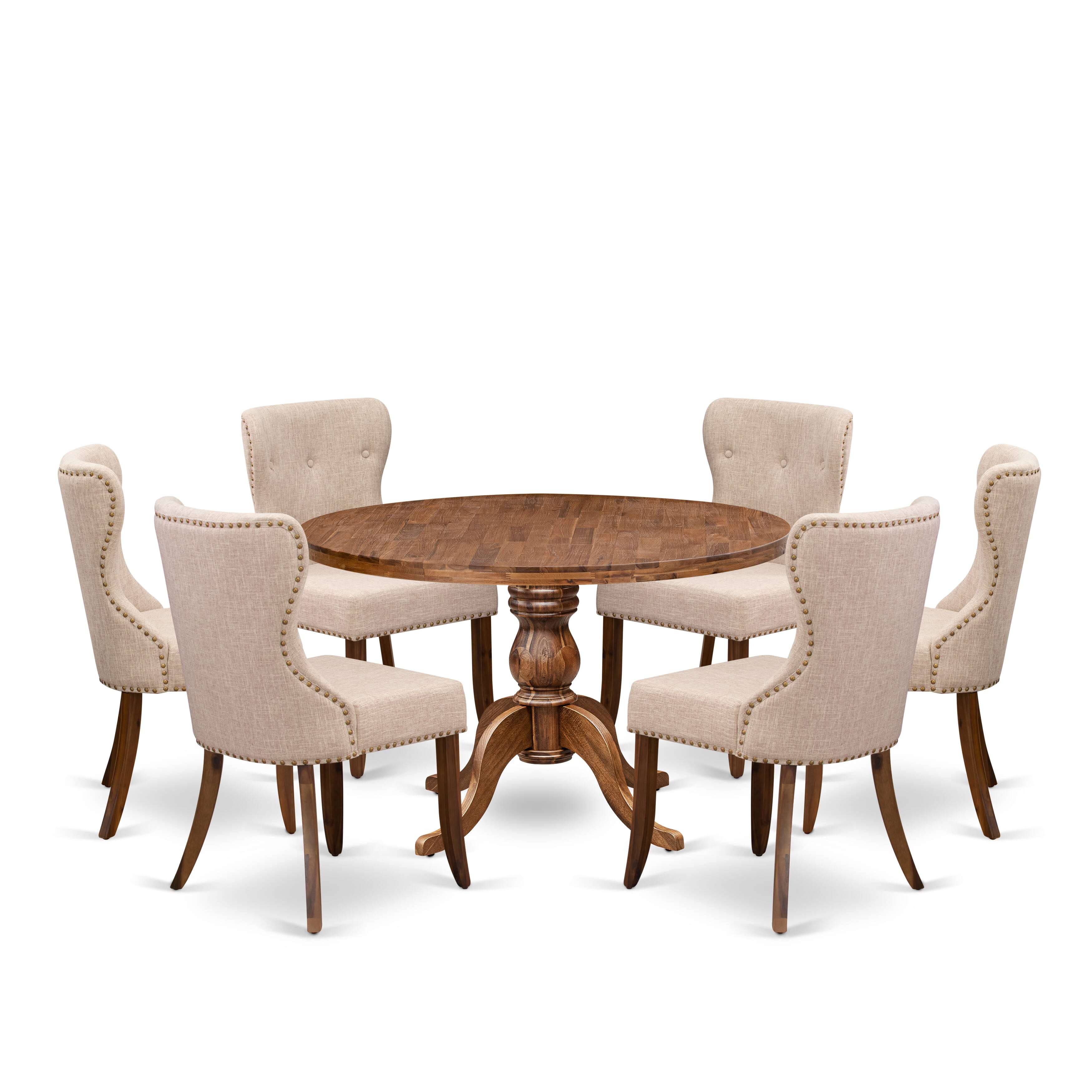 Luxe by East West Furniture I6SI7-40N-04 7 Piece Kitchen Table Set Contains a 48" Round Table with Pedestal and 6 Light Tan Linen Fabric Parson Chairs, Antique Walnut