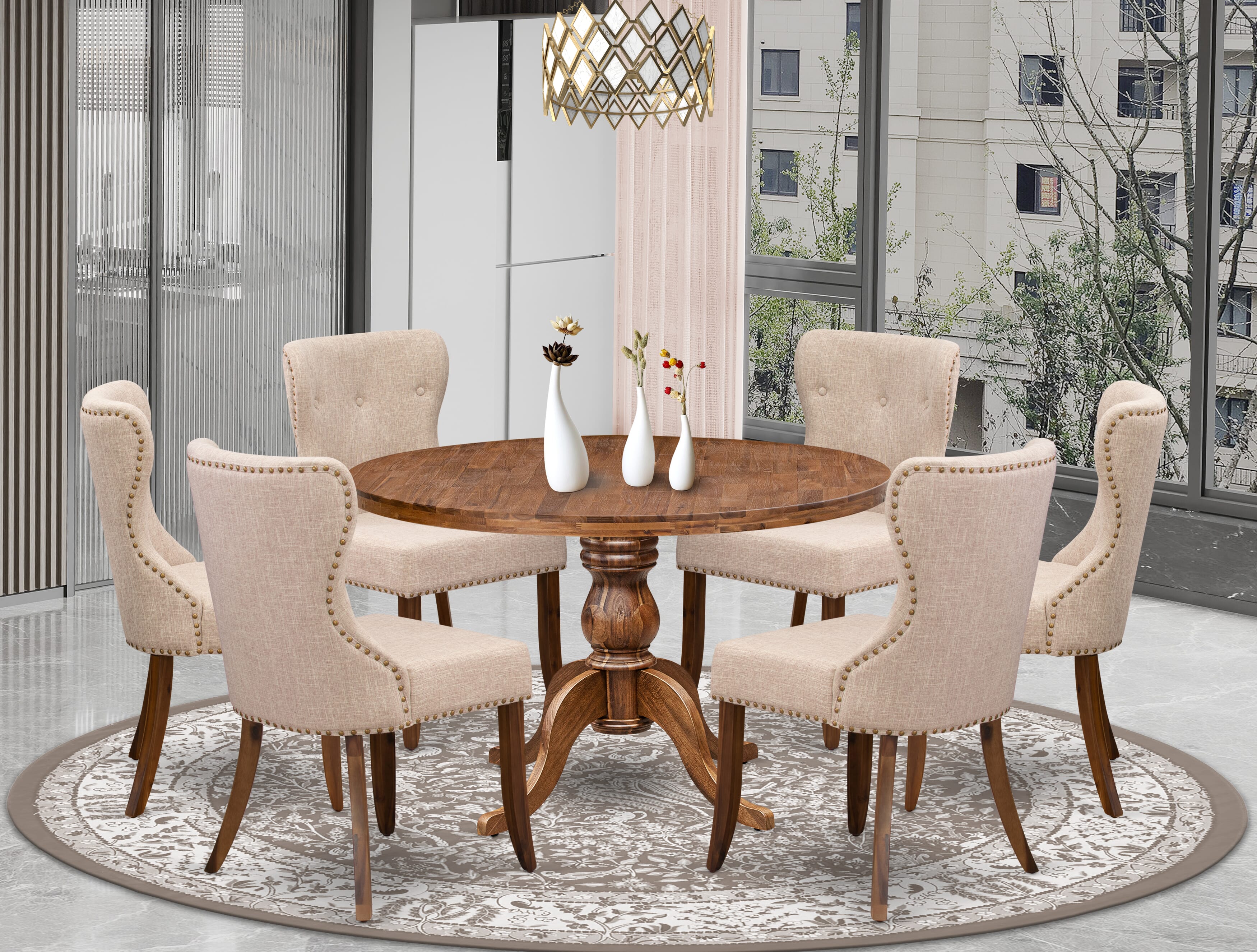Luxe by East West Furniture I6SI7-40N-04 7 Piece Kitchen Table Set Contains a 48" Round Table with Pedestal and 6 Light Tan Linen Fabric Parson Chairs, Antique Walnut
