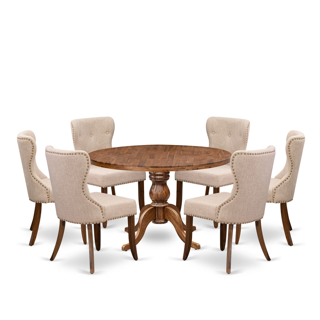 Luxe by East West Furniture I6SI7-40N-04 7 Piece Kitchen Table Set Contains a 48" Round Table with Pedestal and 6 Light Tan Linen Fabric Parson Chairs, Antique Walnut