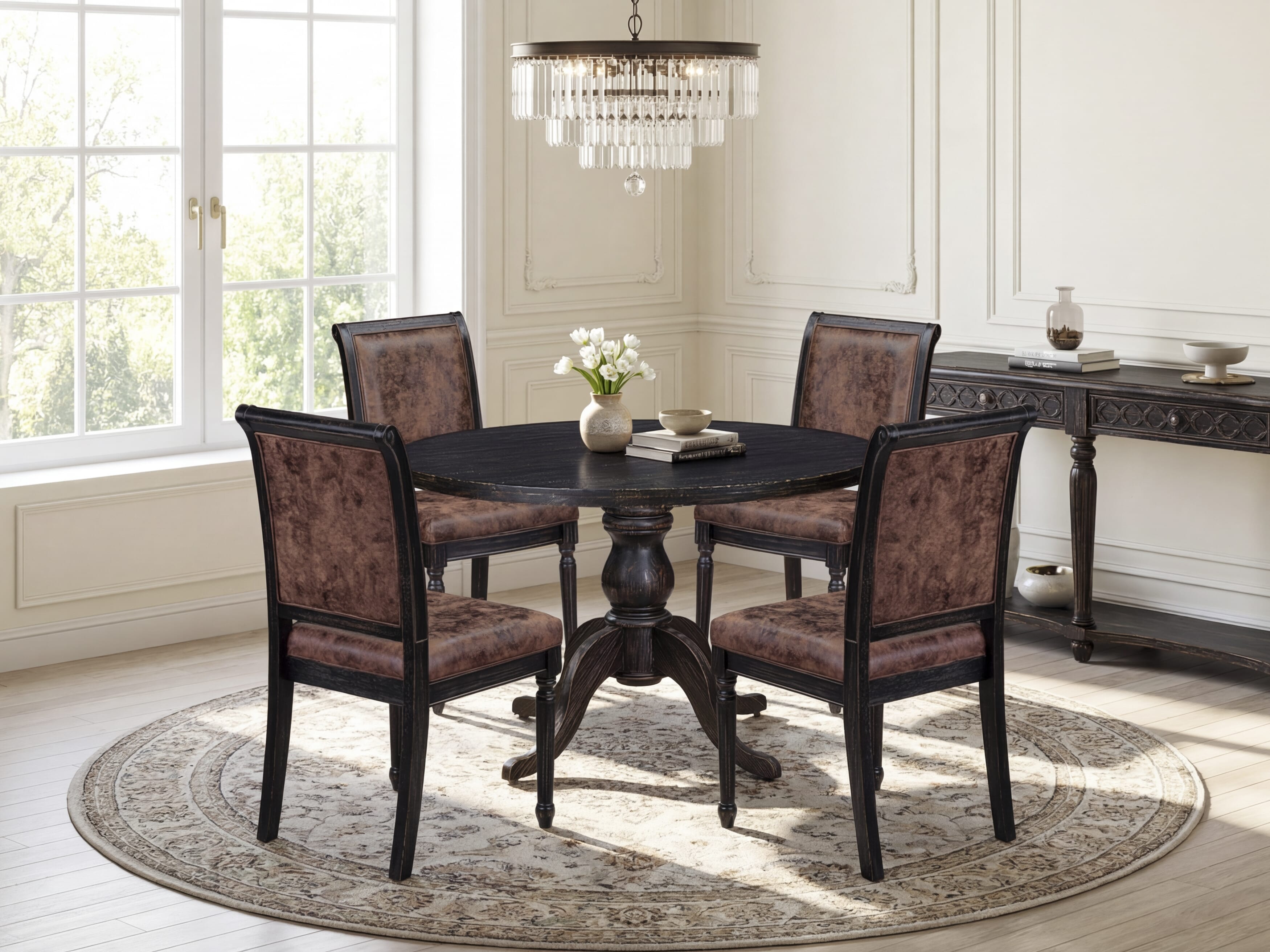 Luxe by East West Furniture I6TY5-411-33 5-Piece Modern Dining Set with Polyester 4 Brown Textured dining chairs, High Back, and A Kitchen Table in Sand Blasting Black Finish.