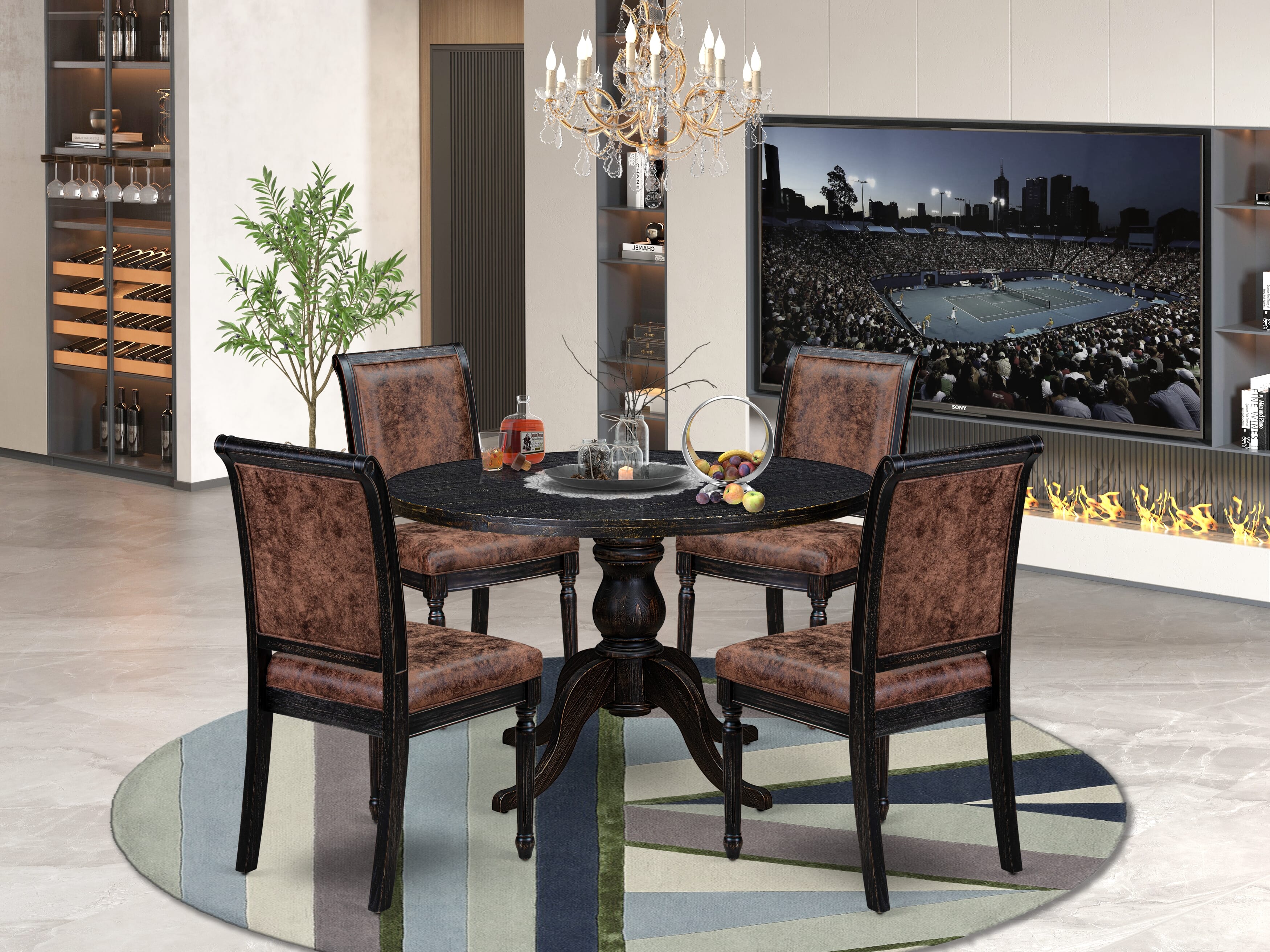 Luxe by East West Furniture I6TY5-411-33 5-Piece Modern Dining Set with Polyester 4 Brown Textured dining chairs, High Back, and A Kitchen Table in Sand Blasting Black Finish.