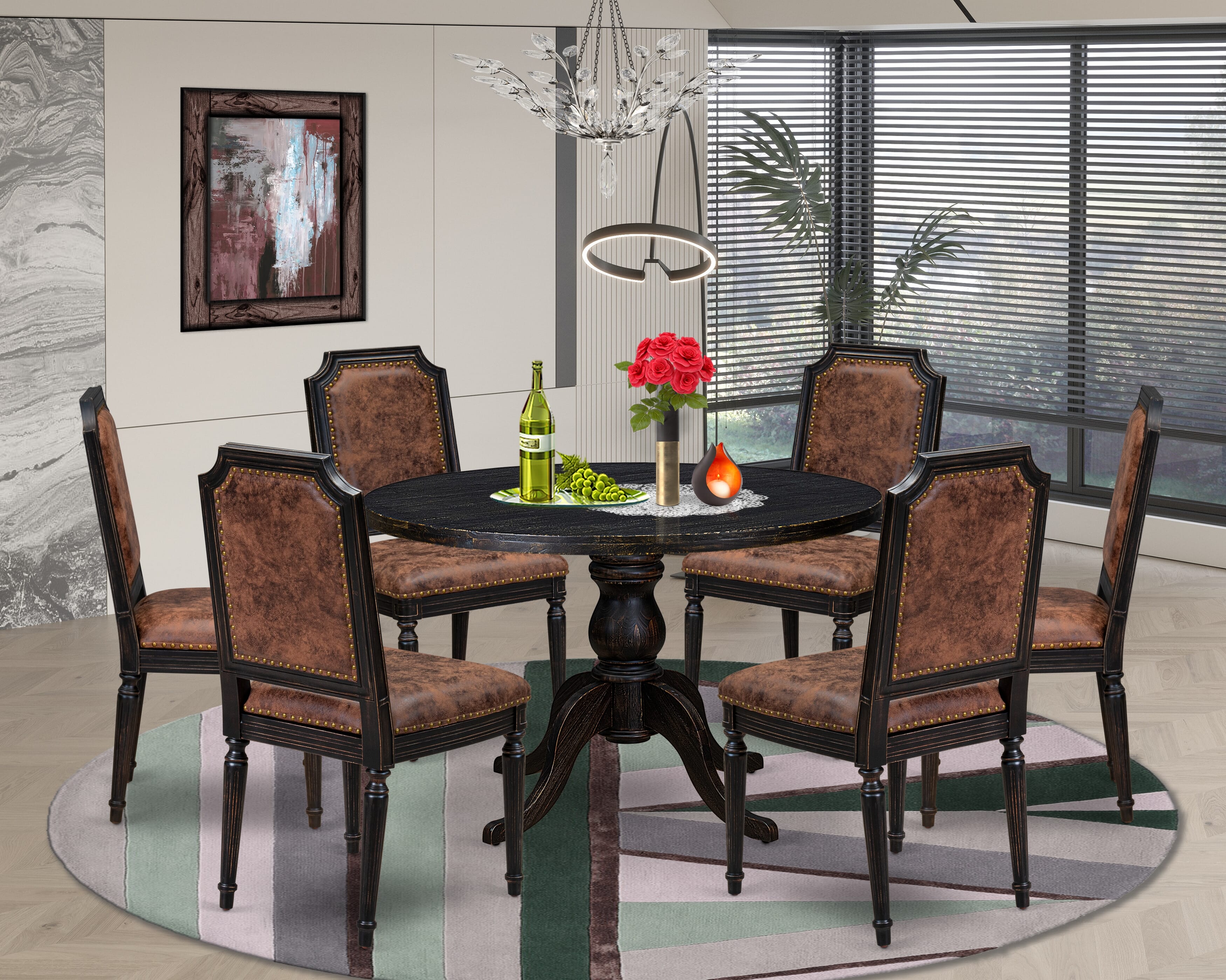 Luxe by East West Furniture I6TY7-411-33 7-Piece Kitchen Set with Polyester 6 Brown Textured Upholstered chairs, High Back, and A Breakfast Table in Sand Blasting Black Finish.
