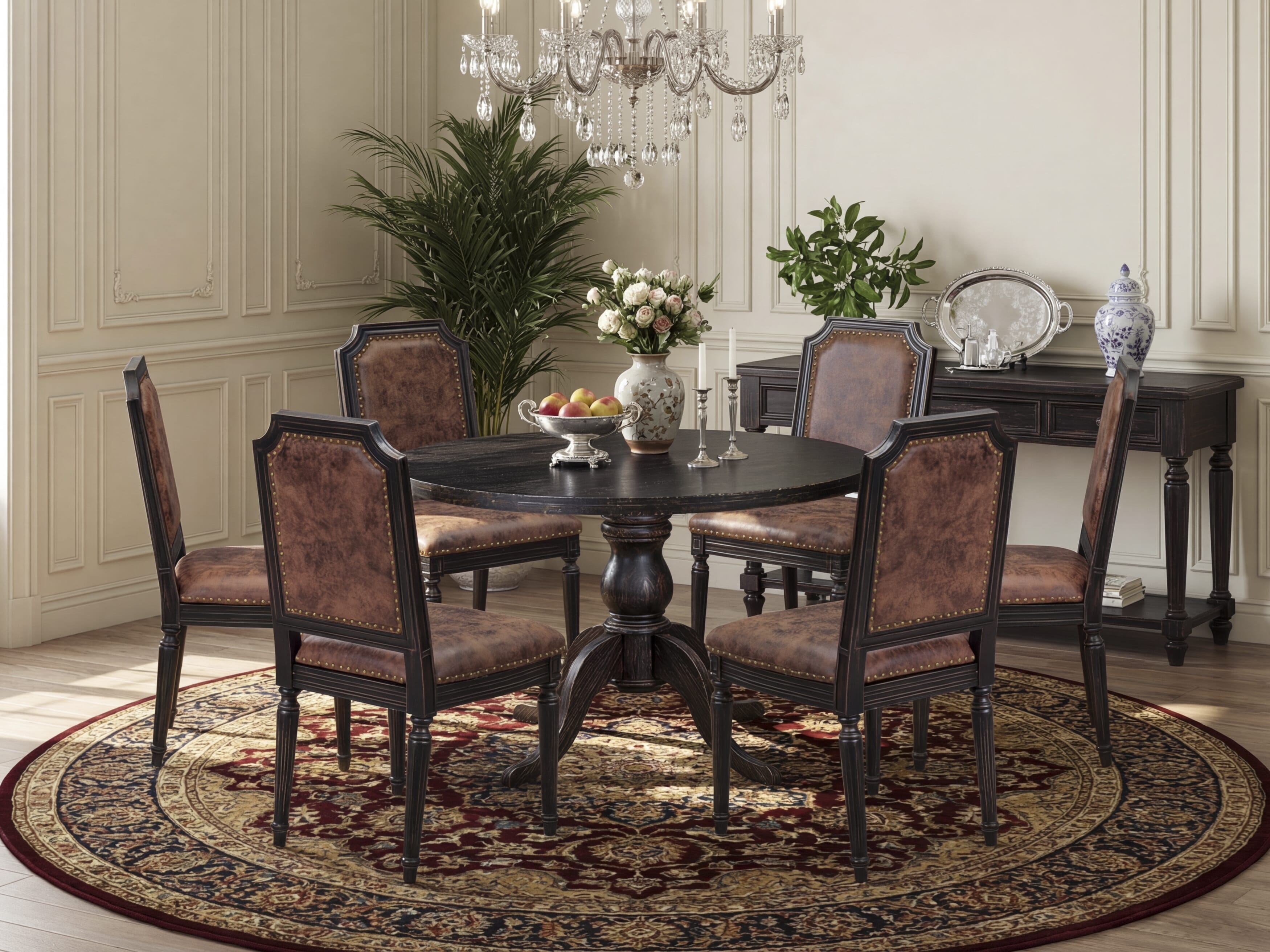 Luxe by East West Furniture I6TY7-411-33 7-Piece Kitchen Set with Polyester 6 Brown Textured Upholstered chairs, High Back, and A Breakfast Table in Sand Blasting Black Finish.