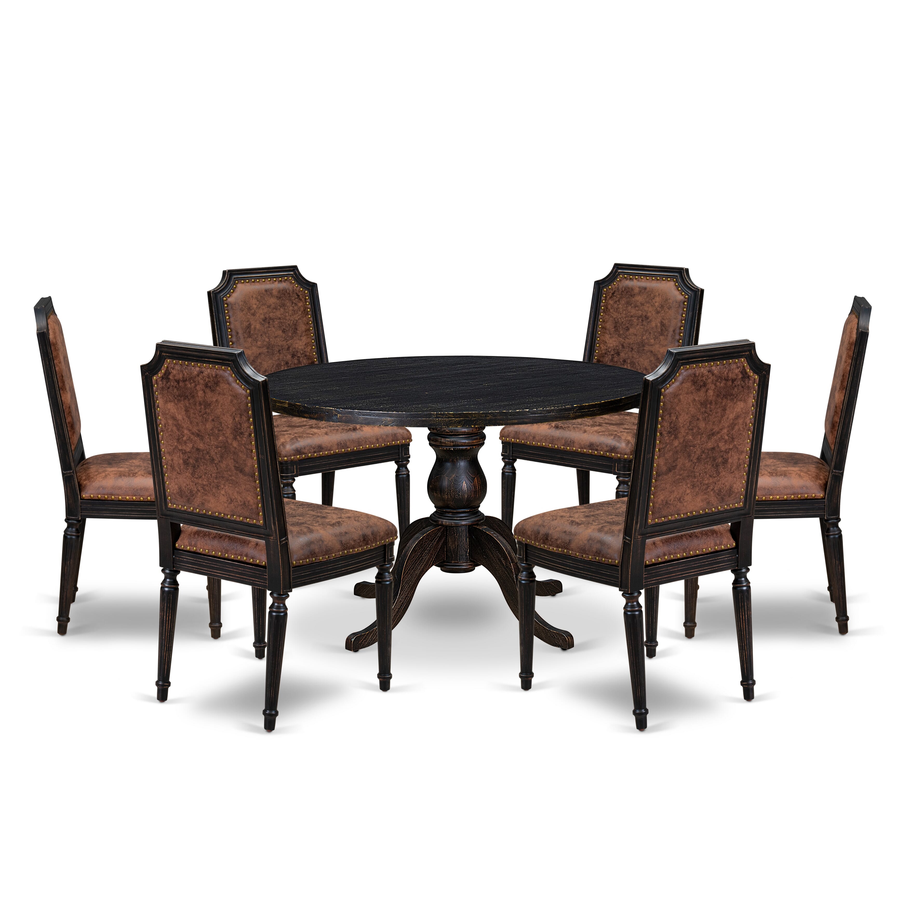 Luxe by East West Furniture I6TY7-411-33 7-Piece Kitchen Set with Polyester 6 Brown Textured Upholstered chairs, High Back, and A Breakfast Table in Sand Blasting Black Finish.