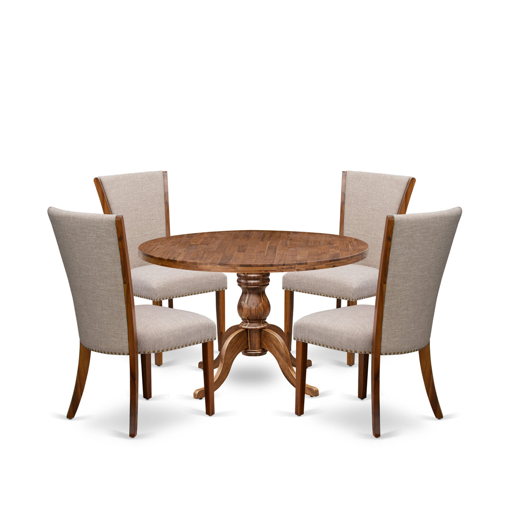 Luxe by East West Furniture I6VE5-40N-04 5 Piece Dinette Set for 4 Includes a 48" Round Table with Pedestal and 4 Light Tan Linen Fabric Padded Chairs, Antique Walnut