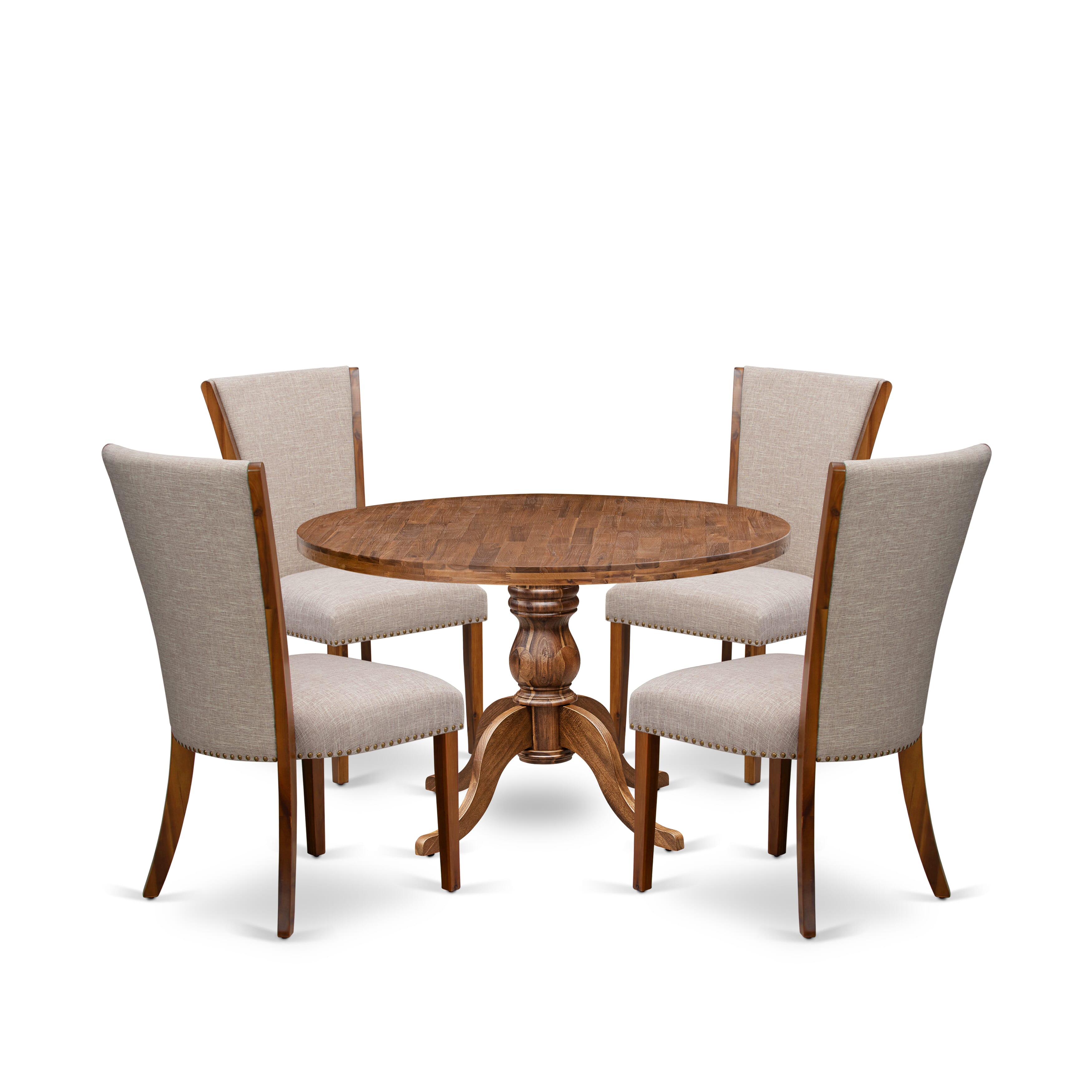 Luxe by East West Furniture I6VE5-40N-04 5 Piece Dinette Set for 4 Includes a 48" Round Table with Pedestal and 4 Light Tan Linen Fabric Padded Chairs, Antique Walnut