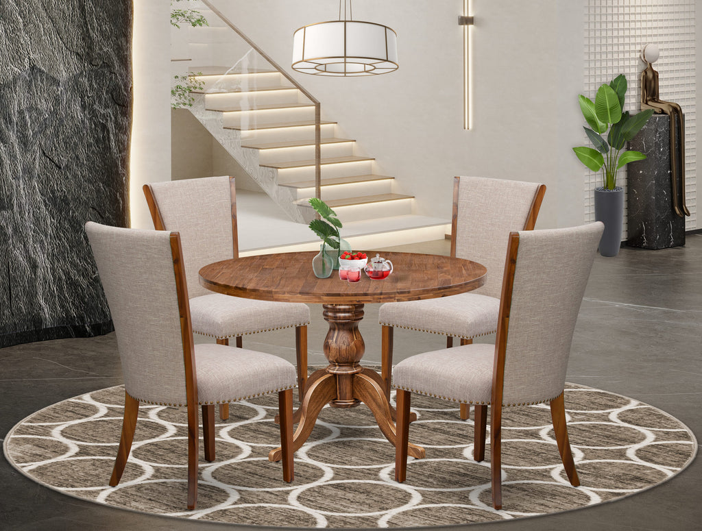 Luxe by East West Furniture I6VE5-40N-04 5 Piece Dinette Set for 4 Includes a 48" Round Table with Pedestal and 4 Light Tan Linen Fabric Padded Chairs, Antique Walnut