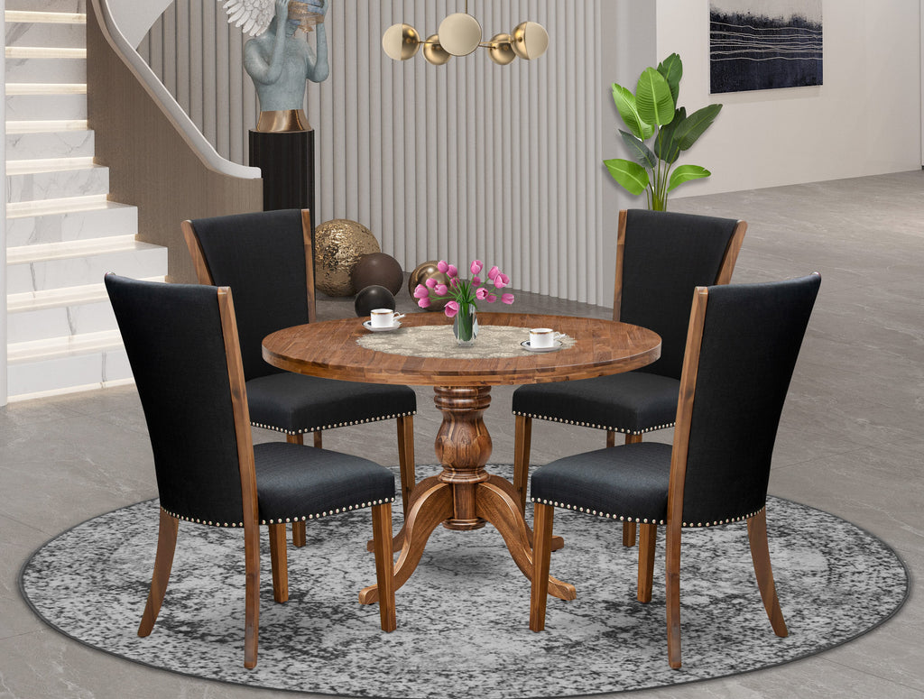 Luxe by East West Furniture I6VE5-40N-24 5 Piece Dinette Set for 4 Consists of a 48" Round Table with Pedestal and 4 Black Linen Fabric Parson Chairs, Antique Walnut