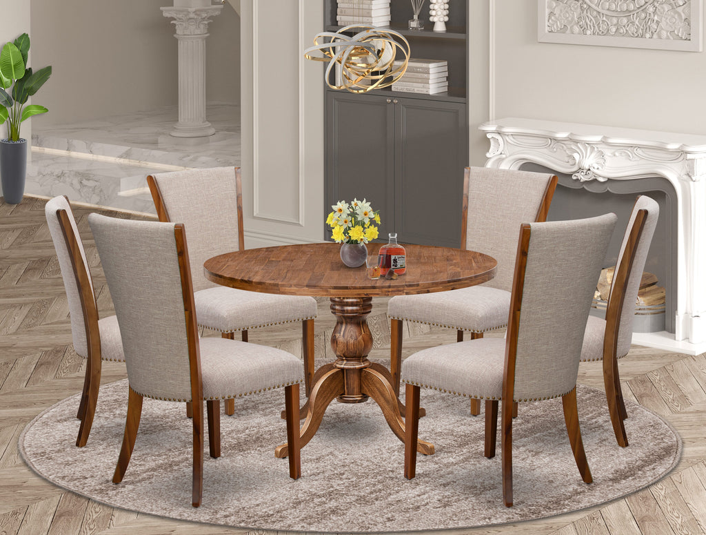 Luxe by East West Furniture I6VE7-40N-04 7 Piece Dining Set for 6 Includes a 48" Round Table with Pedestal and 6 Light Tan Linen Fabric Padded Chairs, Antique Walnut