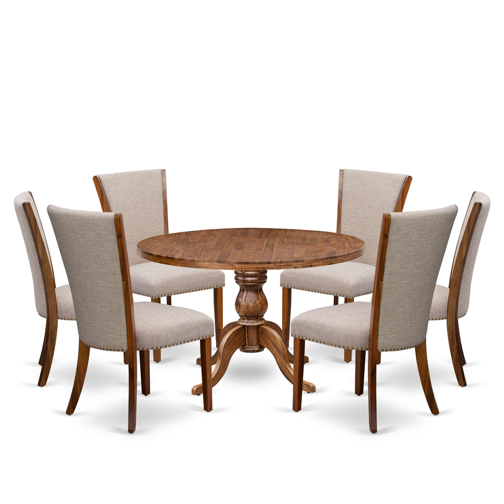 Luxe by East West Furniture I6VE7-40N-04 7 Piece Dining Set for 6 Includes a 48" Round Table with Pedestal and 6 Light Tan Linen Fabric Padded Chairs, Antique Walnut