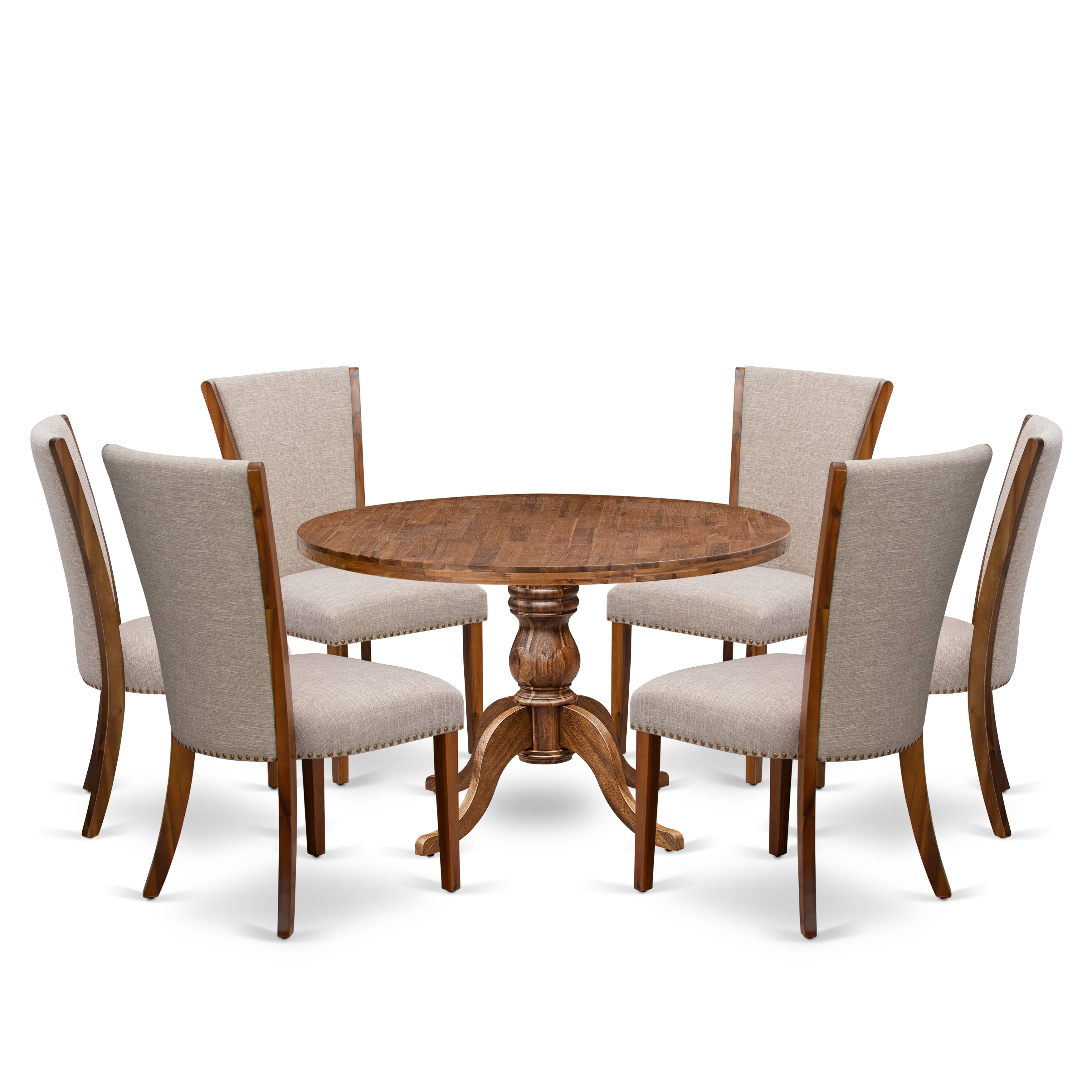 Luxe by East West Furniture I6VE7-40N-04 7 Piece Dining Set for 6 Includes a 48" Round Table with Pedestal and 6 Light Tan Linen Fabric Padded Chairs, Antique Walnut