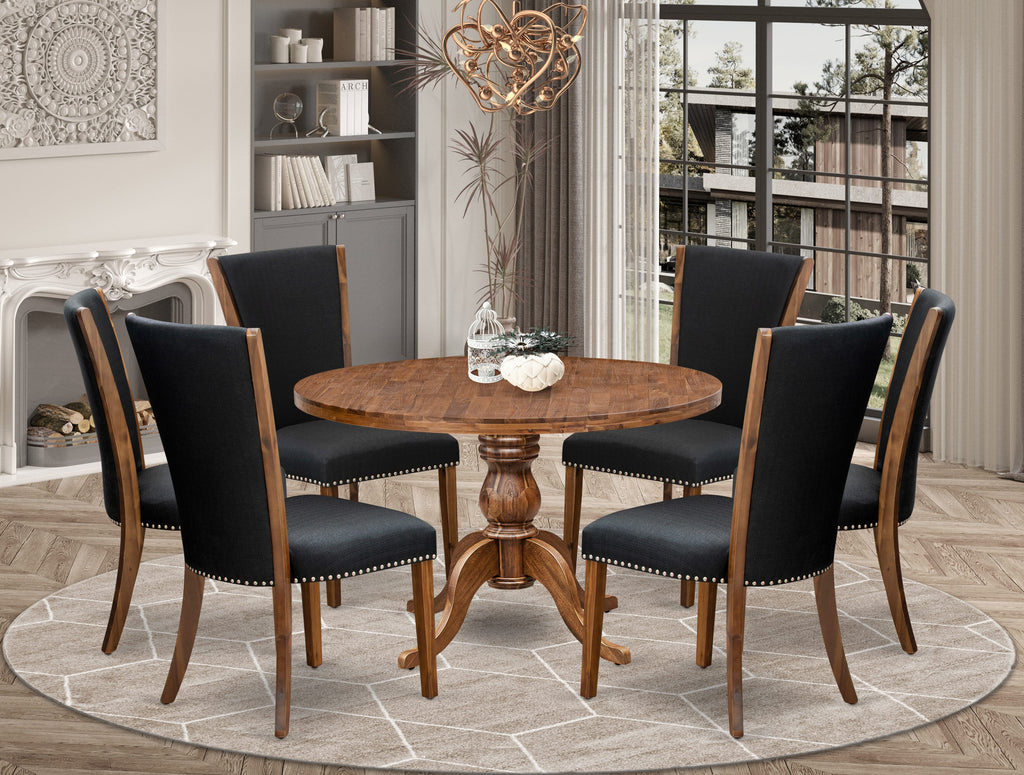 Luxe by East West Furniture I6VE7-40N-24 7 Piece Dining Table Set for 6 Contains a 48" Round Table with Pedestal and 6 Black Linen Fabric Parson Chairs, Antique Walnut