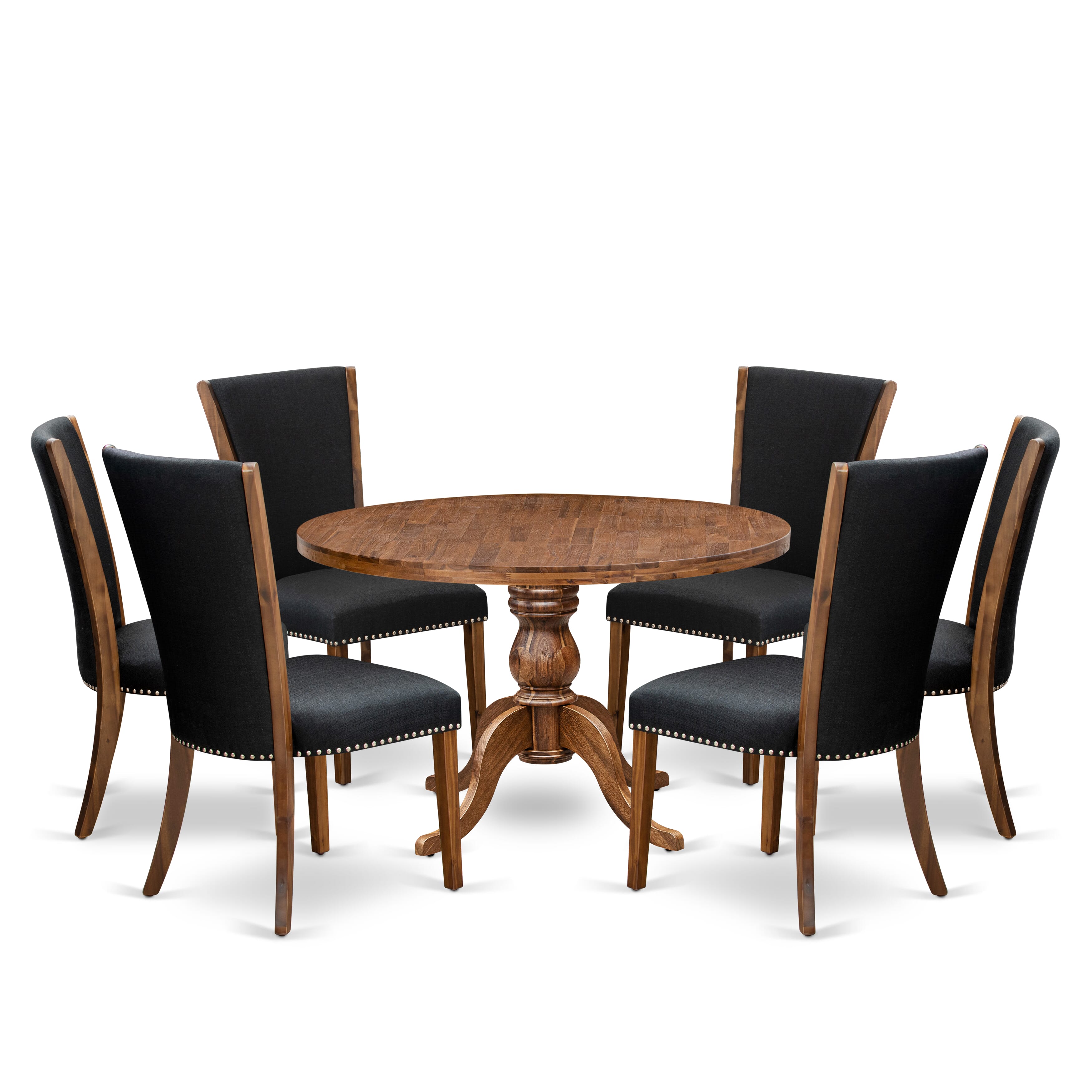 Luxe by East West Furniture I6VE7-40N-24 7 Piece Dining Table Set for 6 Contains a 48" Round Table with Pedestal and 6 Black Linen Fabric Parson Chairs, Antique Walnut
