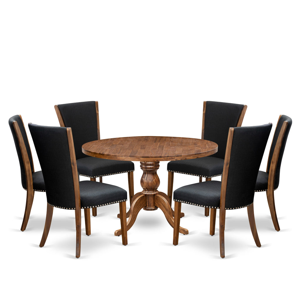 Luxe by East West Furniture I6VE7-40N-24 7 Piece Dining Table Set for 6 Contains a 48" Round Table with Pedestal and 6 Black Linen Fabric Parson Chairs, Antique Walnut