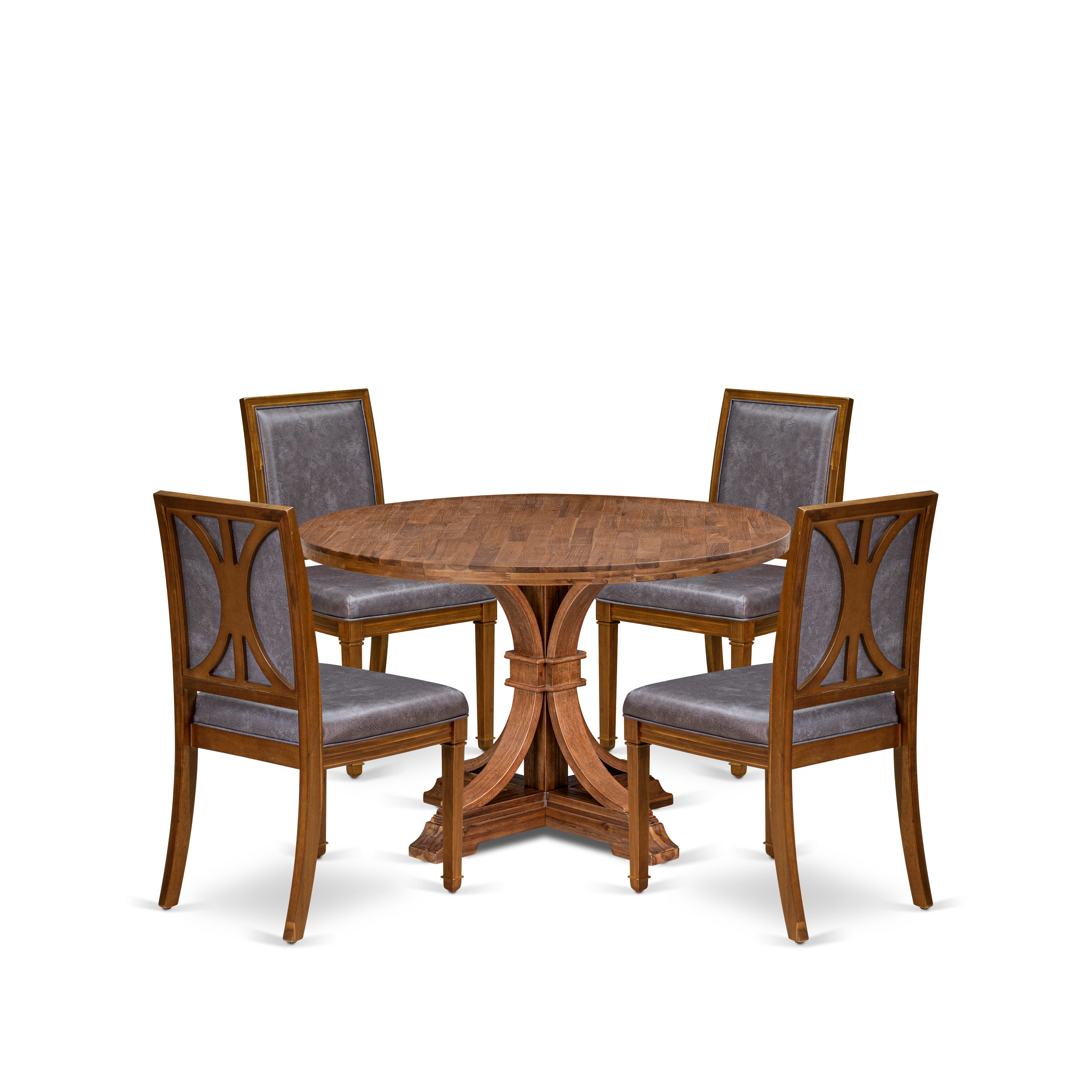 Luxe by East West Furniture I7AM5-40N-34 5-Piece Kitchen Table Set includes a round table top with a stylish pedestal and 4 Pu leather Dark Gray dining chairs with high backs - Antique Walnut