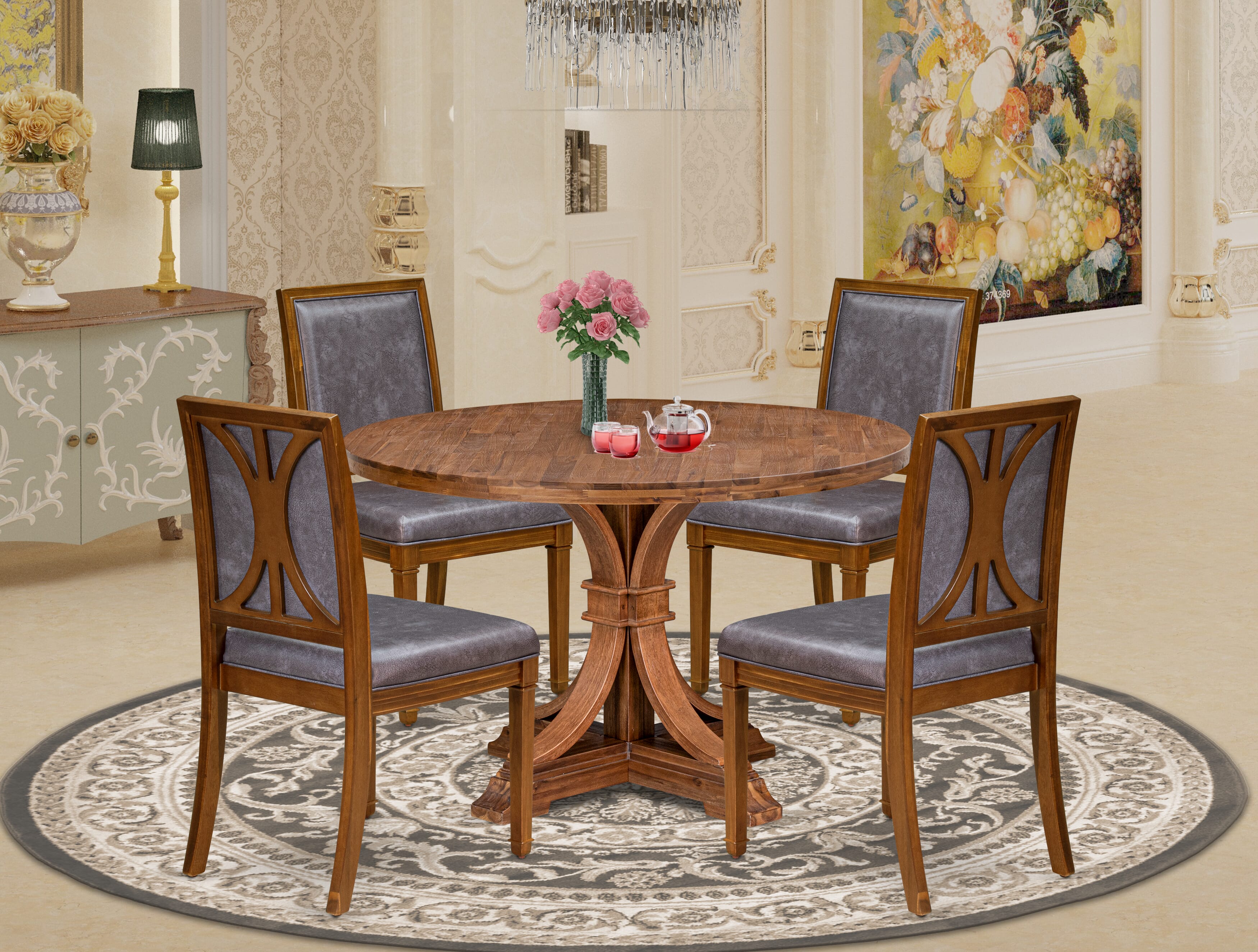 Luxe by East West Furniture I7AM5-40N-34 5-Piece Kitchen Table Set includes a round table top with a stylish pedestal and 4 Pu leather Dark Gray dining chairs with high backs - Antique Walnut