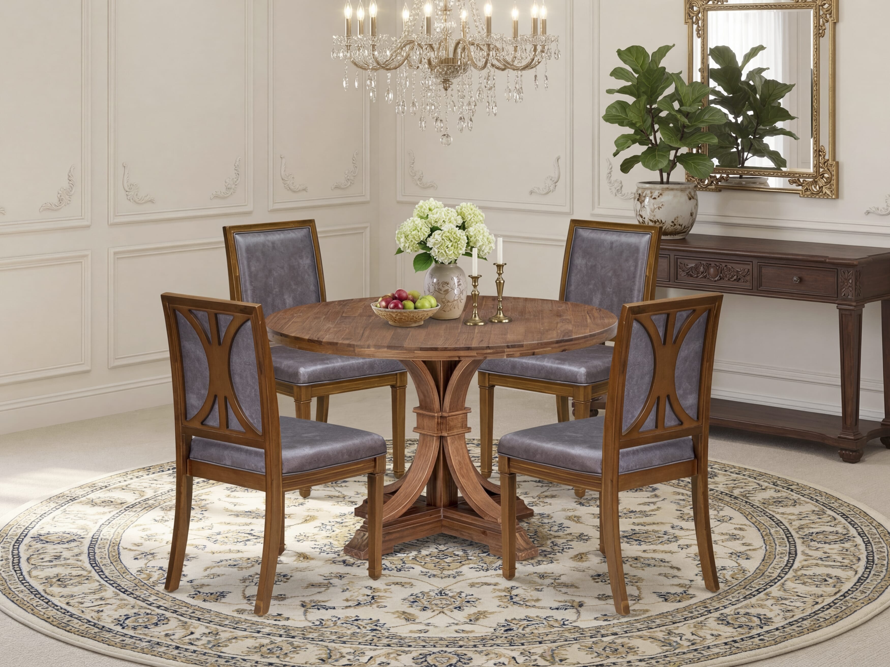 Luxe by East West Furniture I7AM5-40N-34 5-Piece Kitchen Table Set includes a round table top with a stylish pedestal and 4 Pu leather Dark Gray dining chairs with high backs - Antique Walnut