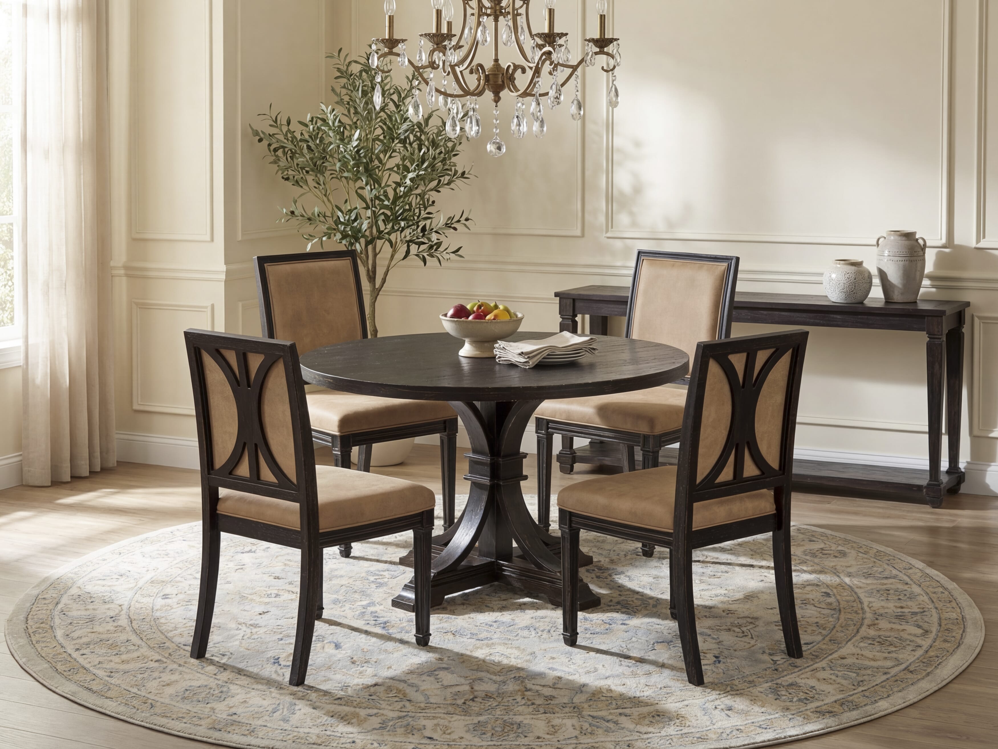 Luxe by East West Furniture I7AM5-411-28 5-Piece Mid-century Kitchen Set with Polyester 4 Beige Parson chairs, High Back, and A Wooden Table in Sand Blasting Black Finish.