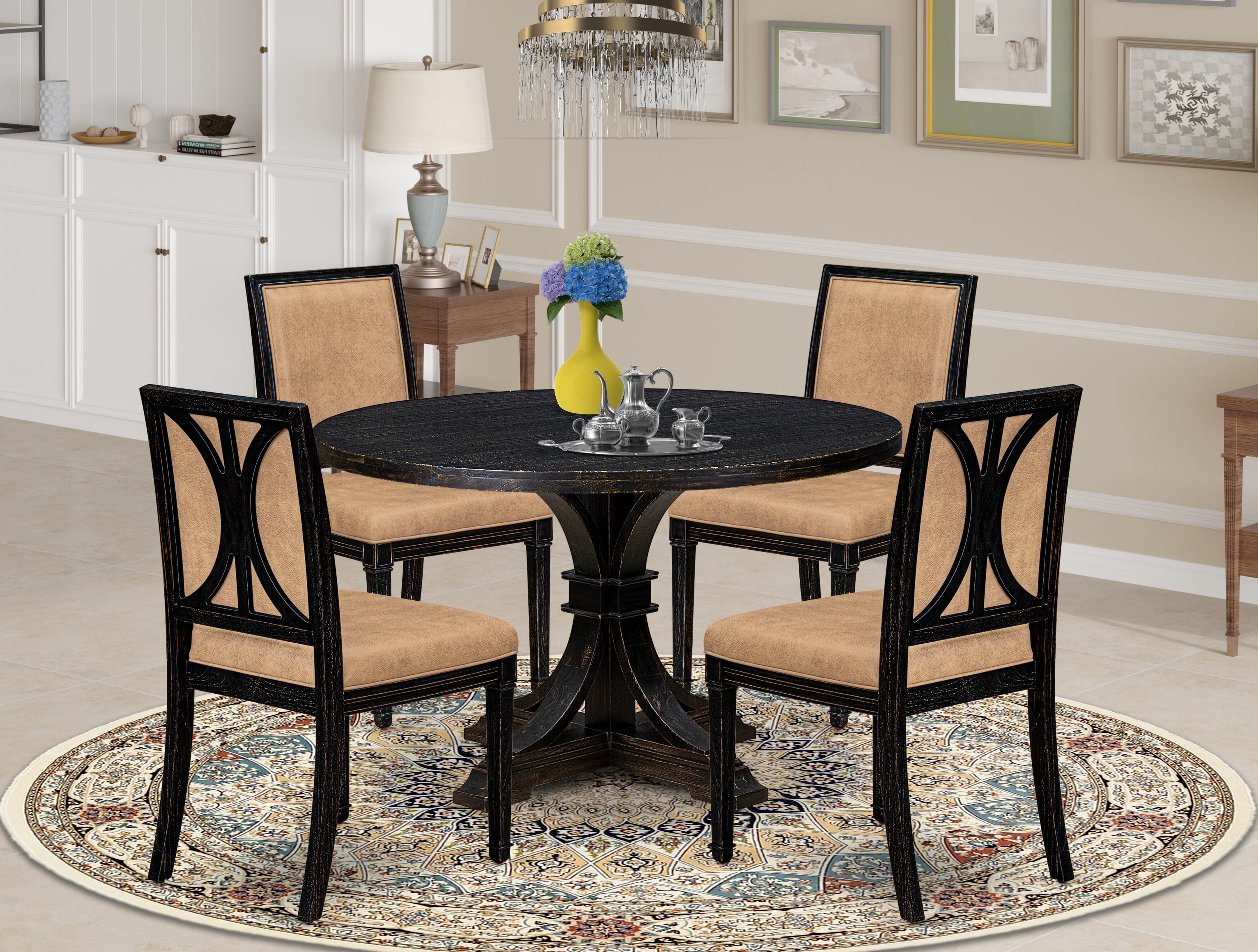Luxe by East West Furniture I7AM5-411-28 5-Piece Mid-century Kitchen Set with Polyester 4 Beige Parson chairs, High Back, and A Wooden Table in Sand Blasting Black Finish.