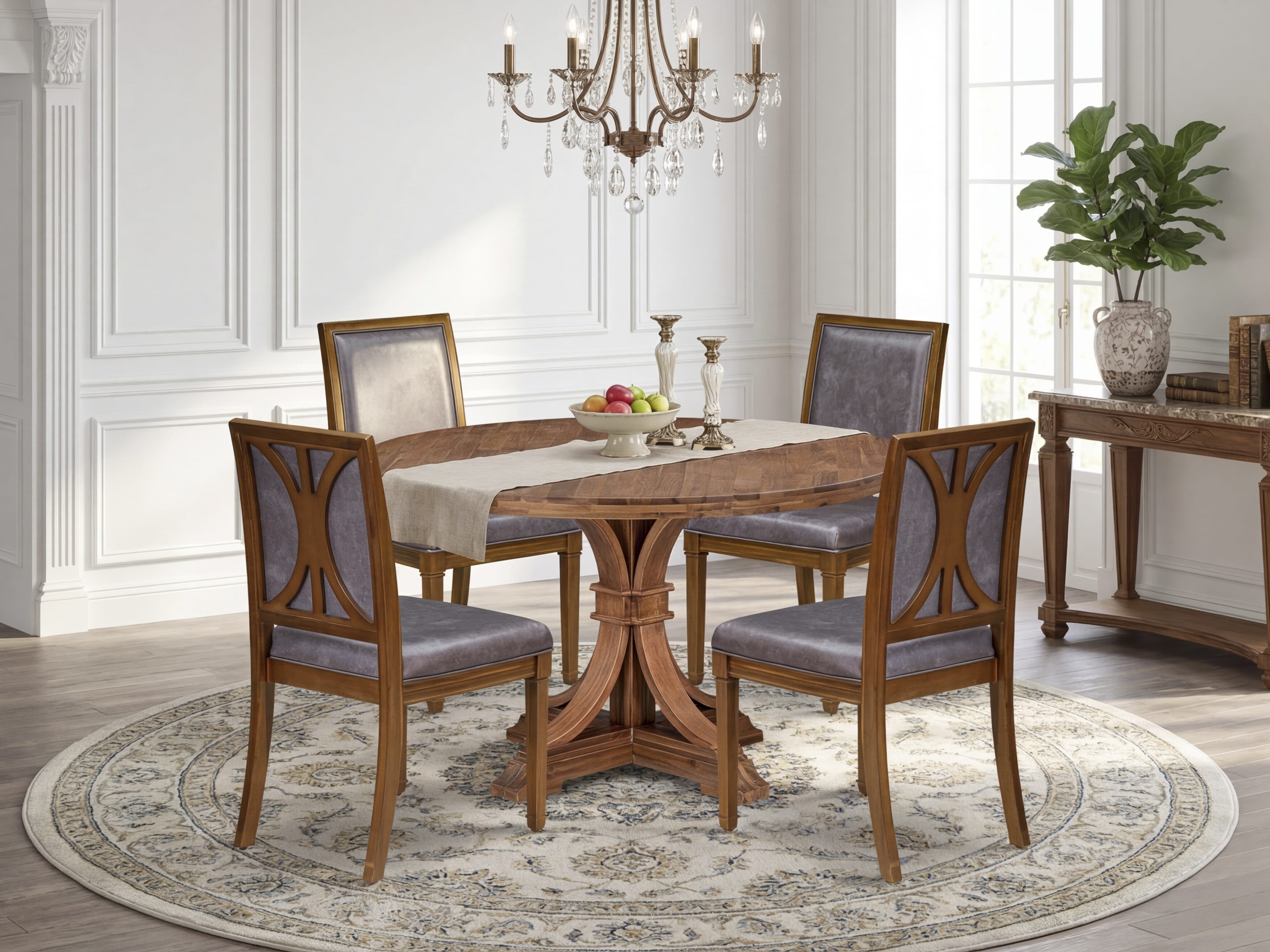 Luxe by East West Furniture I7AM5-50N-34 5-piece Dining Room Set with Polyester 4 Dark Grey dining room chairs, High Back, and A Round Table in Antique Walnut Finish.