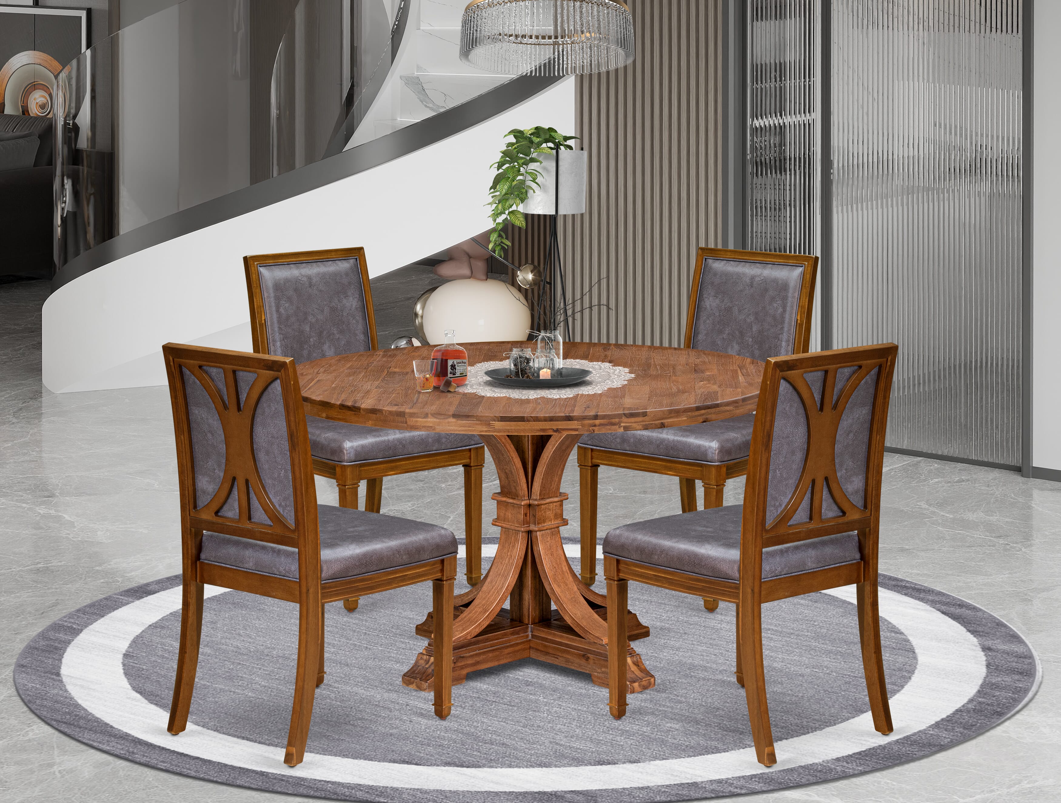 Luxe by East West Furniture I7AM5-50N-34 5-piece Dining Room Set with Polyester 4 Dark Grey dining room chairs, High Back, and A Round Table in Antique Walnut Finish.