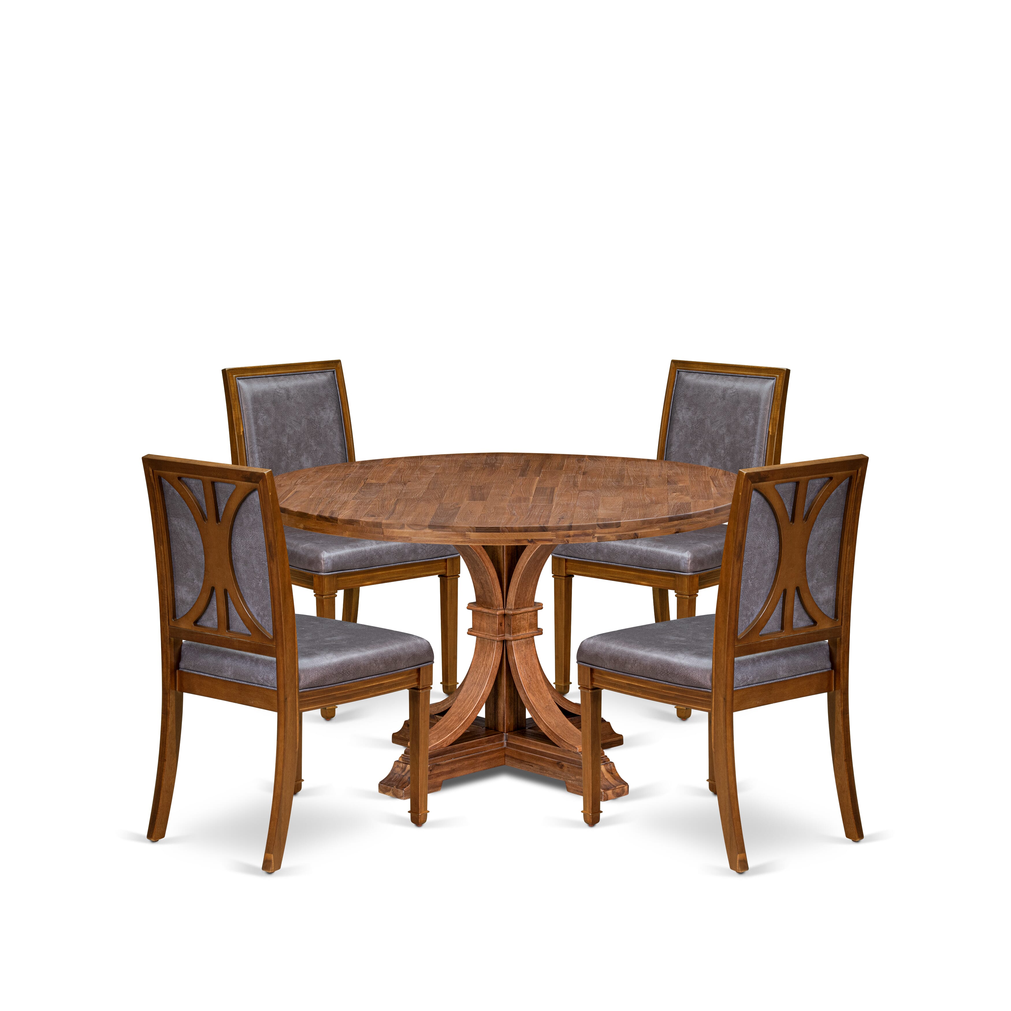 Luxe by East West Furniture I7AM5-50N-34 5-piece Dining Room Set with Polyester 4 Dark Grey dining room chairs, High Back, and A Round Table in Antique Walnut Finish.