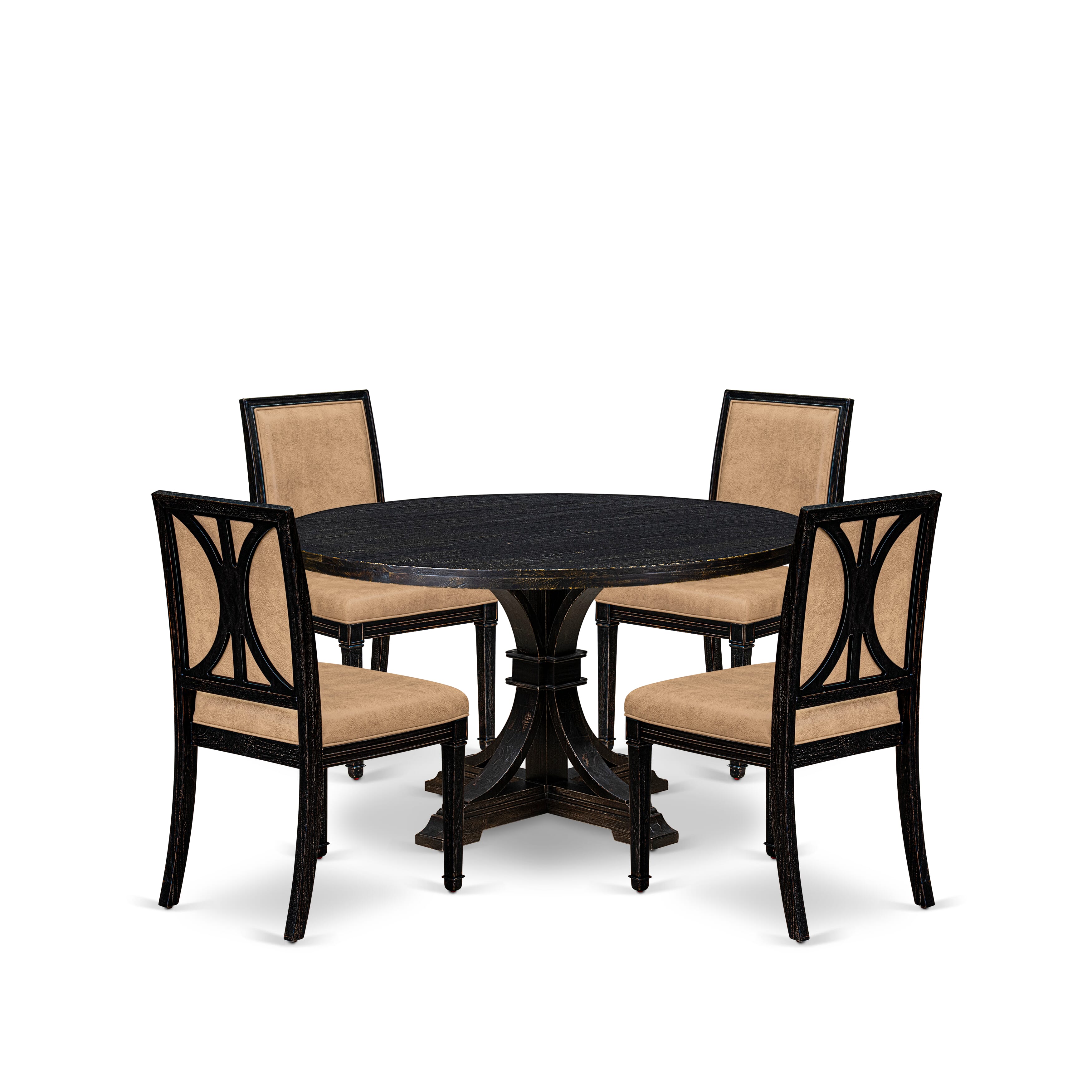 Luxe by East West Furniture I7AM5-511-28 5-Piece Kitchen Table Set with Polyester 4 Beige Padded chairs, High Back, and A Dining Table in Sand Blasting Black Finish.