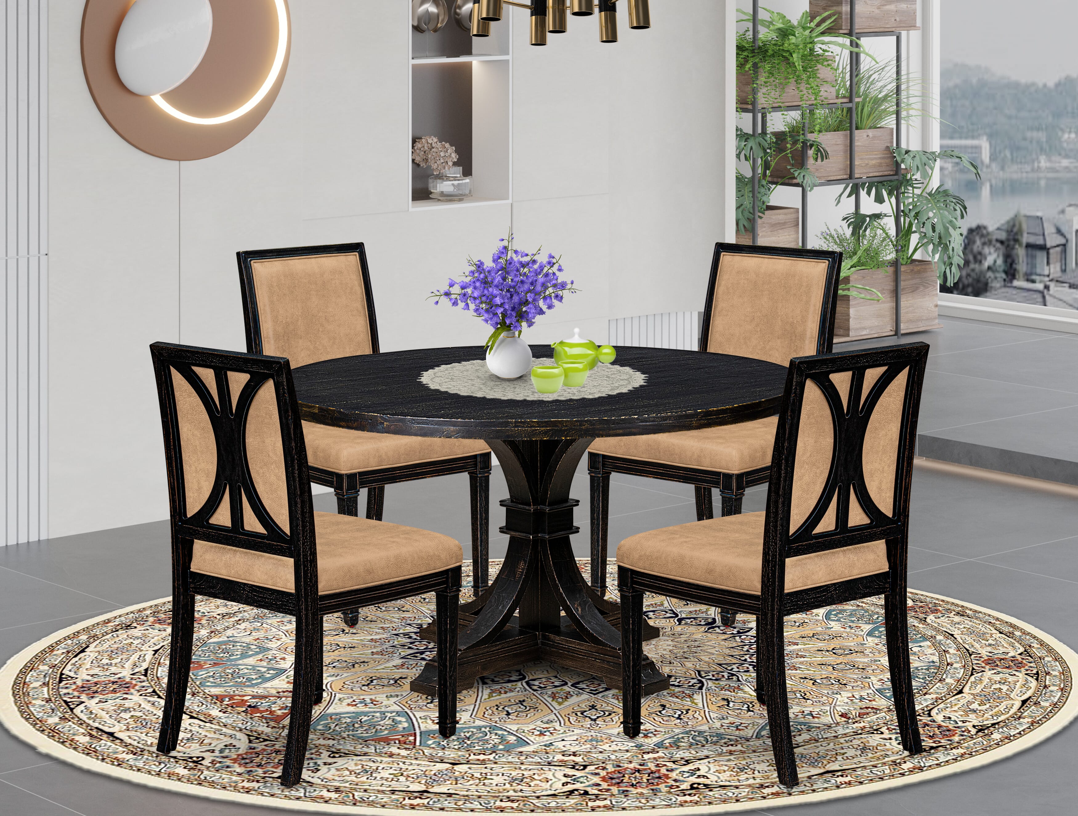 Luxe by East West Furniture I7AM5-511-28 5-Piece Kitchen Table Set with Polyester 4 Beige Padded chairs, High Back, and A Dining Table in Sand Blasting Black Finish.