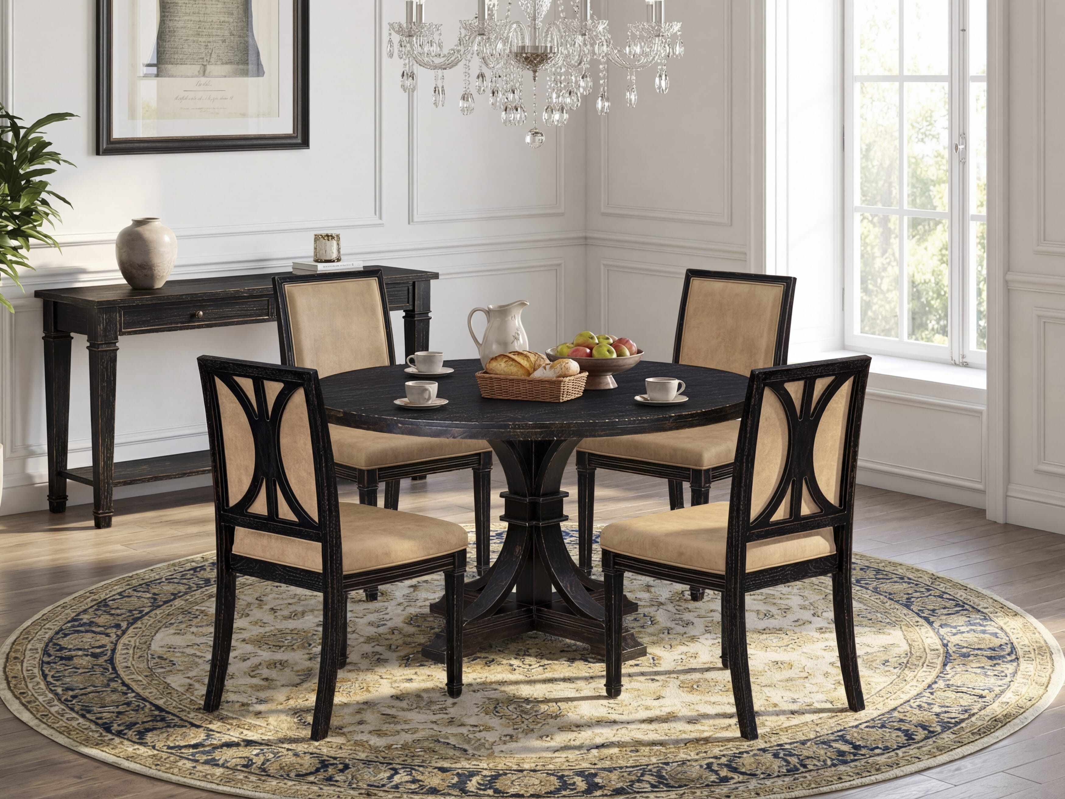 Luxe by East West Furniture I7AM5-511-28 5-Piece Kitchen Table Set with Polyester 4 Beige Padded chairs, High Back, and A Dining Table in Sand Blasting Black Finish.