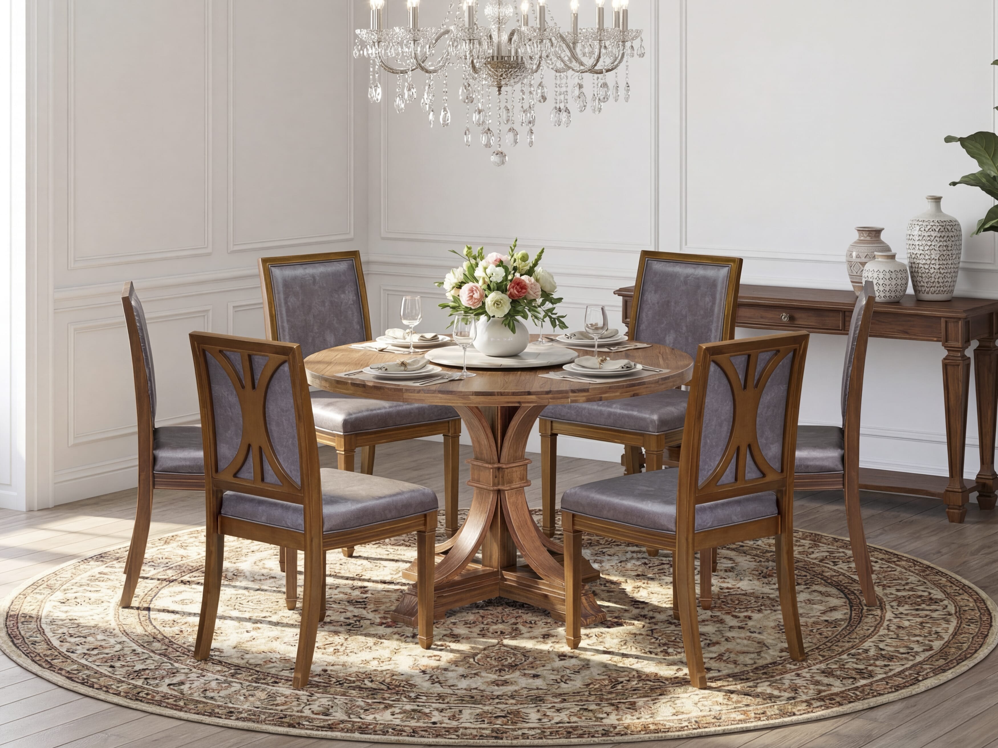 Luxe by East West Furniture - I7AM7-40N-34 7-Piece Modern dining set consists of a Round Wood dining table and 6 Dark Grey Faux Leather Chairs with High Back, Antique Walnut Finish.