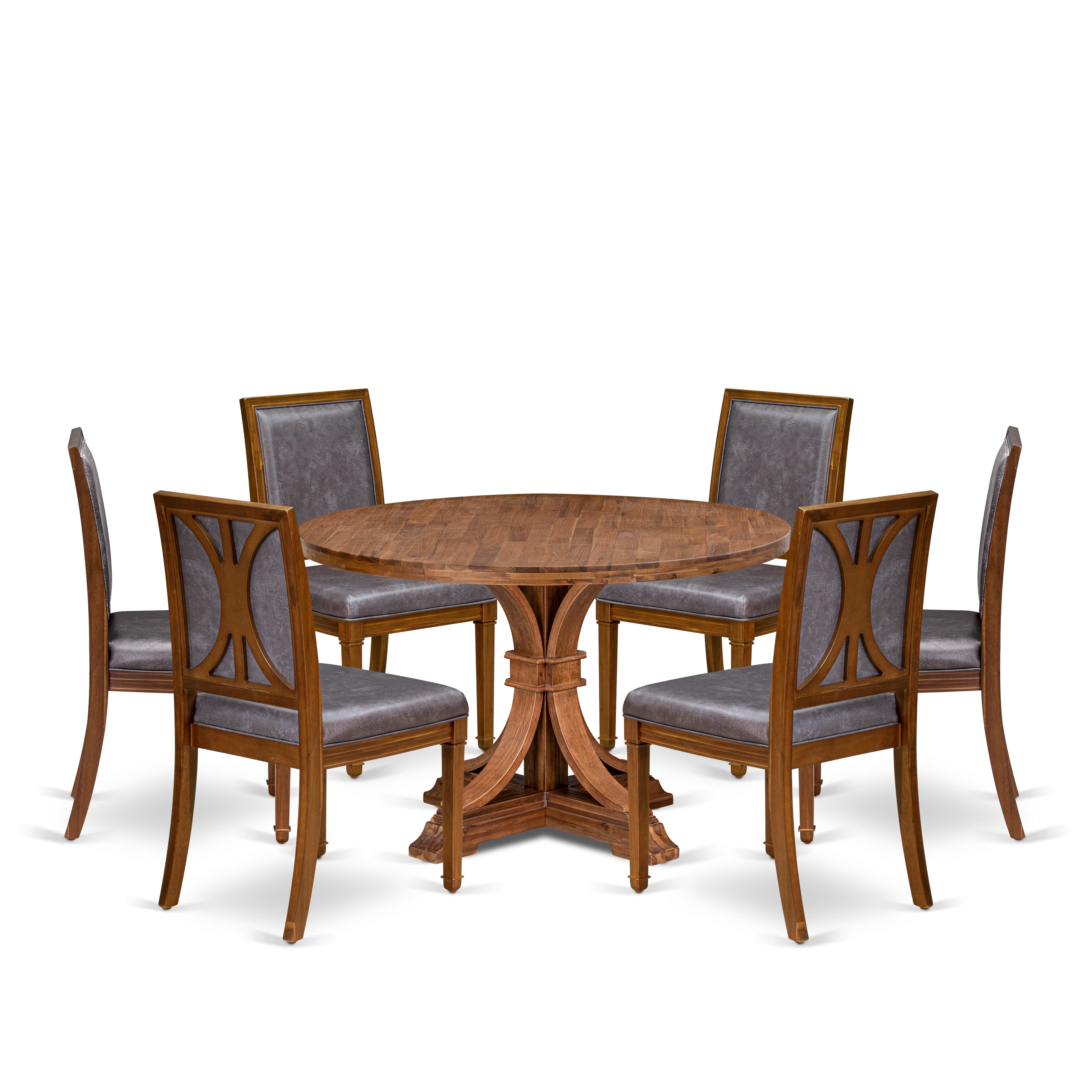 Luxe by East West Furniture - I7AM7-40N-34 7-Piece Modern dining set consists of a Round Wood dining table and 6 Dark Grey Faux Leather Chairs with High Back, Antique Walnut Finish.