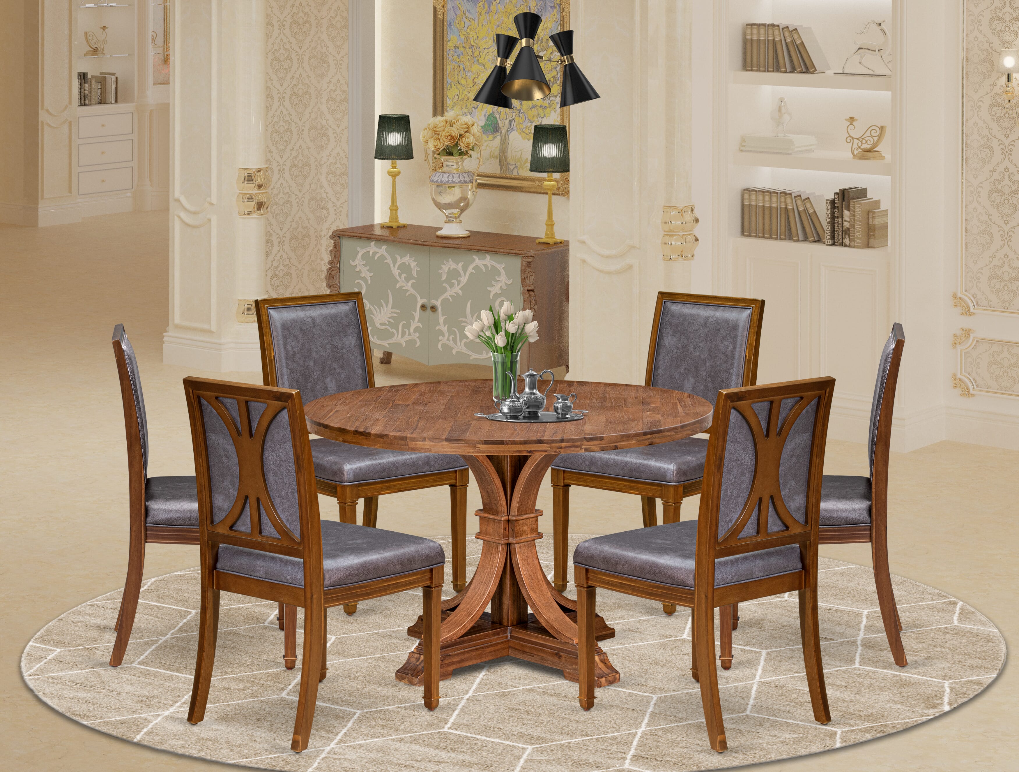 Luxe by East West Furniture - I7AM7-40N-34 7-Piece Modern dining set consists of a Round Wood dining table and 6 Dark Grey Faux Leather Chairs with High Back, Antique Walnut Finish.