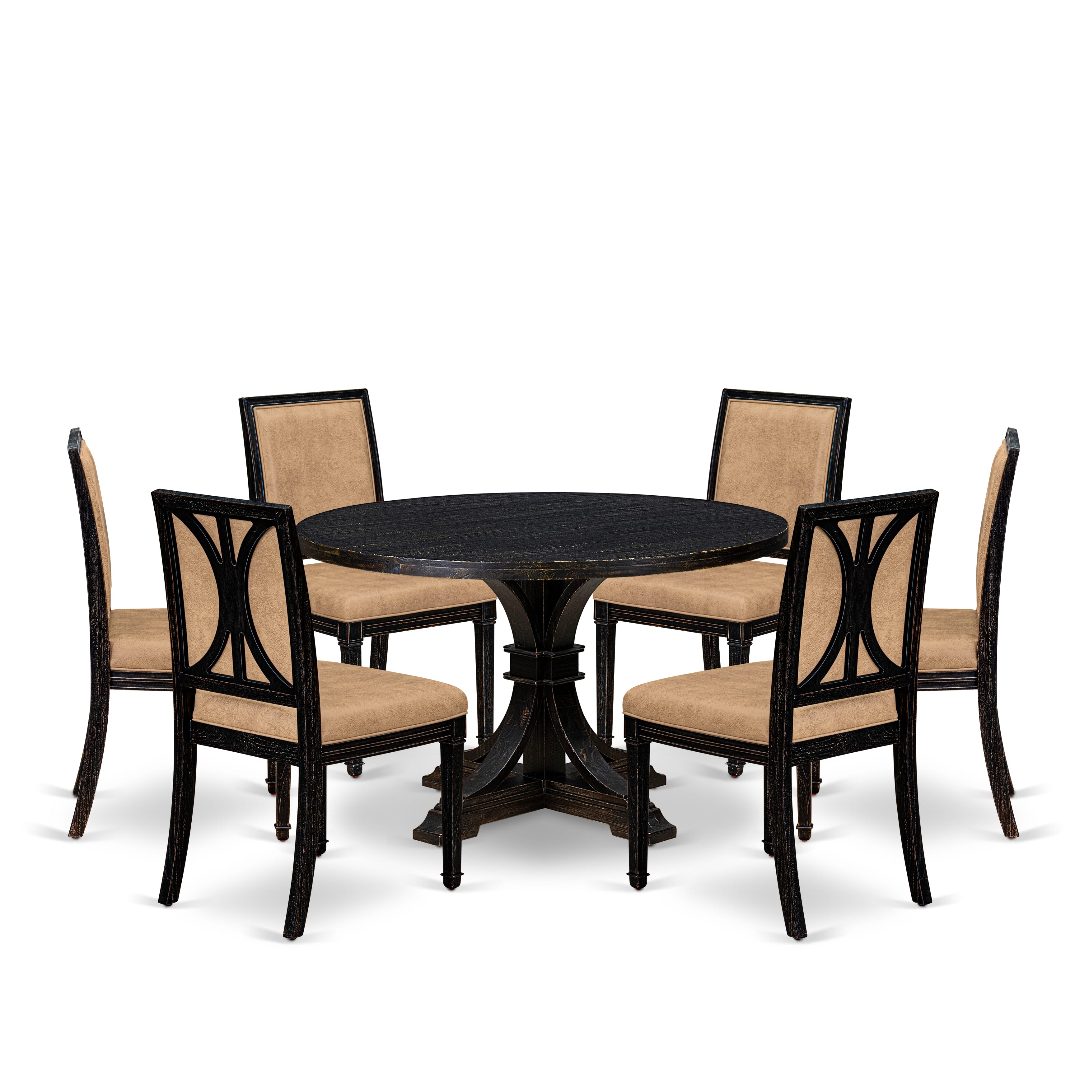 Luxe by East West Furniture I7AM7-411-28 7-Piece Dining Set with Polyester 6 Beige dining chairs, High Back, and A Dinner Table in Sand Blasting Black Finish.