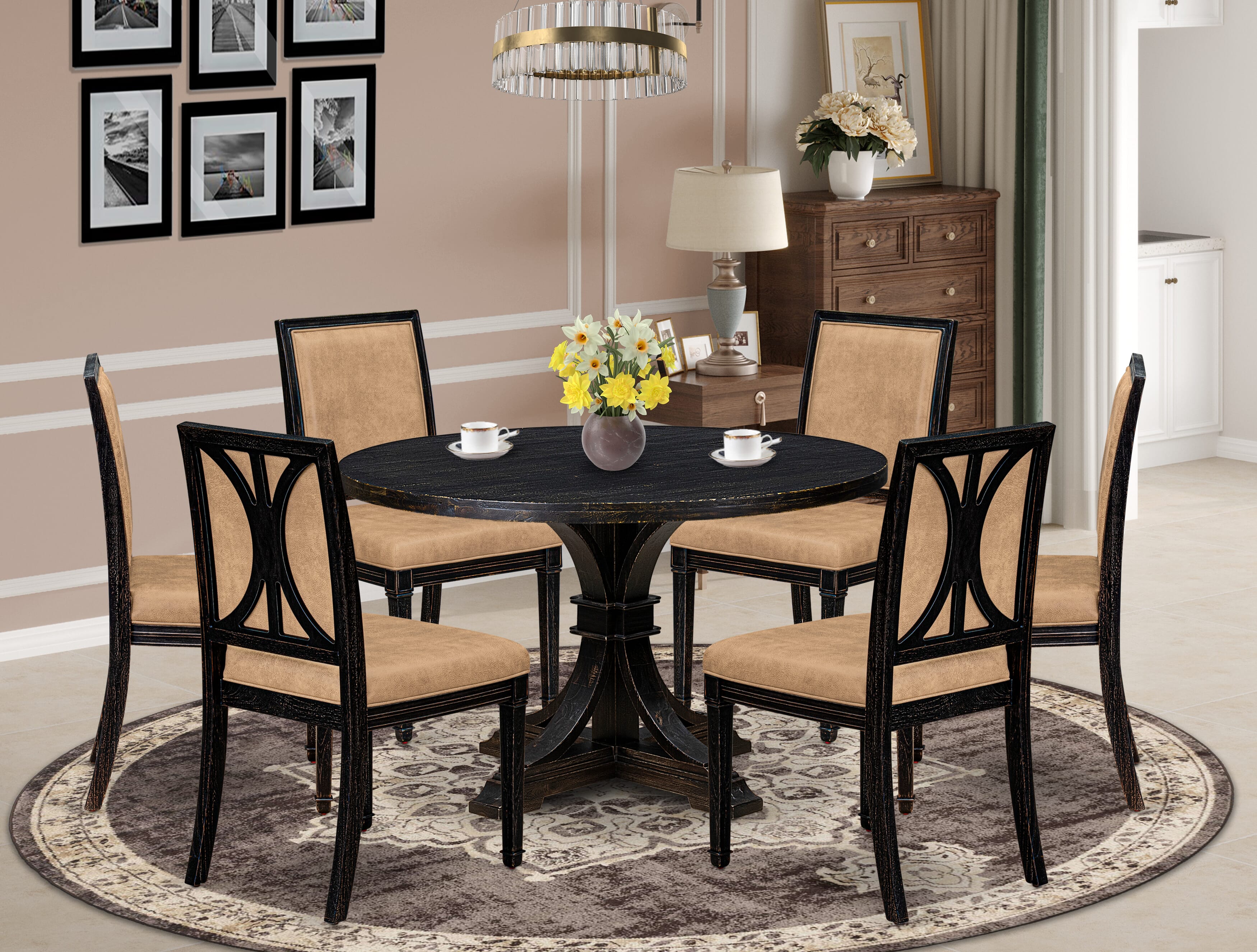Luxe by East West Furniture I7AM7-411-28 7-Piece Dining Set with Polyester 6 Beige dining chairs, High Back, and A Dinner Table in Sand Blasting Black Finish.