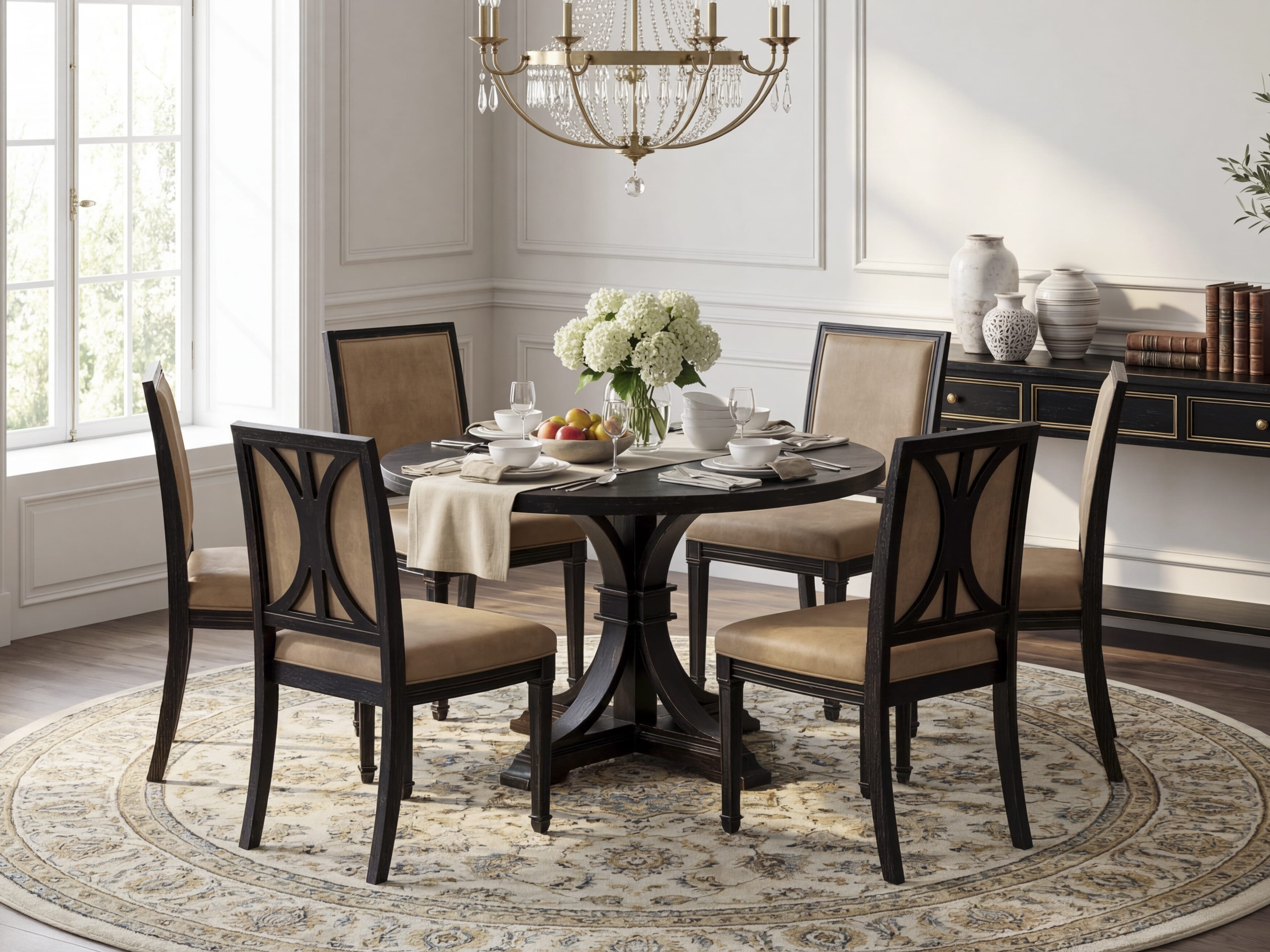 Luxe by East West Furniture I7AM7-411-28 7-Piece Dining Set with Polyester 6 Beige dining chairs, High Back, and A Dinner Table in Sand Blasting Black Finish.