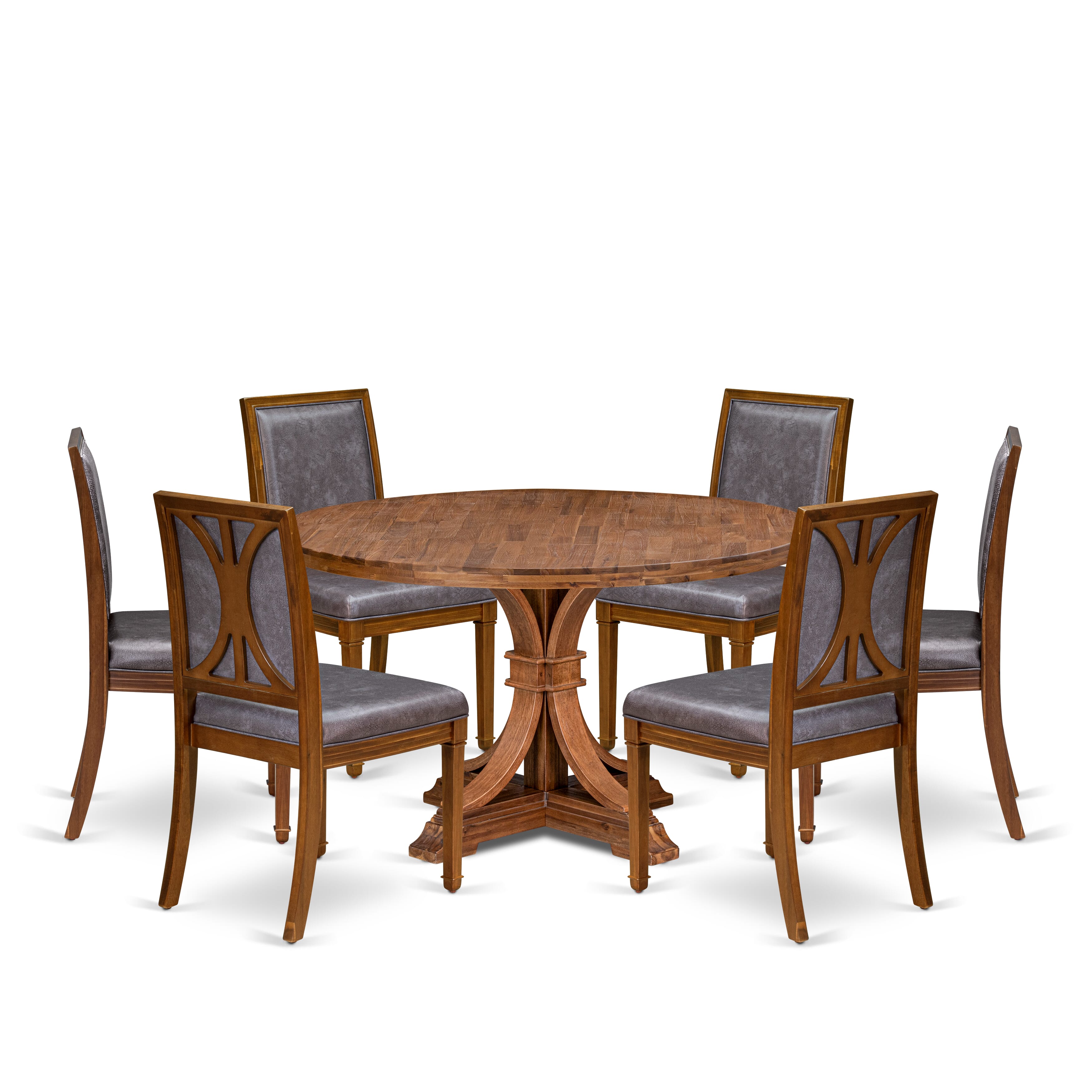 Luxe by East West Furniture I7AM7-50N-34 7-Piece Mid-century Kitchen Set with Polyester 6 Dark Gray kitchen chairs, High Back, and A Kitchen Table in Antique Walnut Finish.