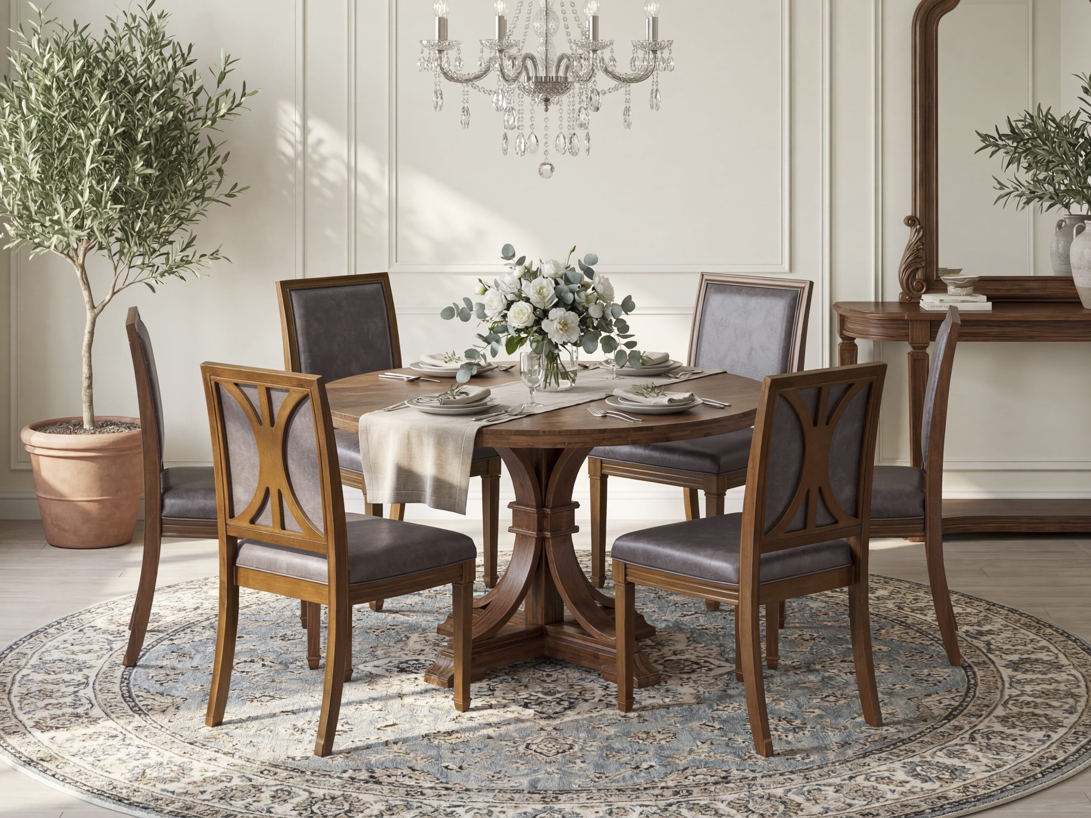Luxe by East West Furniture I7AM7-50N-34 7-Piece Mid-century Kitchen Set with Polyester 6 Dark Gray kitchen chairs, High Back, and A Kitchen Table in Antique Walnut Finish.