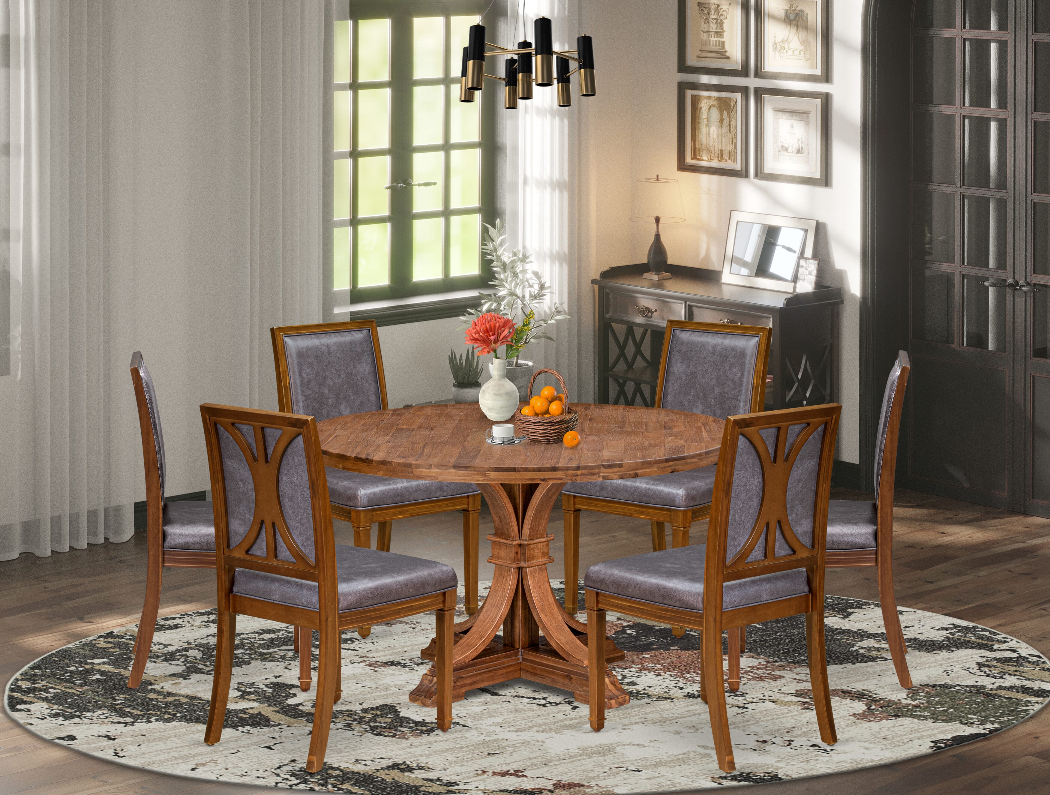 Luxe by East West Furniture I7AM7-50N-34 7-Piece Mid-century Kitchen Set with Polyester 6 Dark Gray kitchen chairs, High Back, and A Kitchen Table in Antique Walnut Finish.