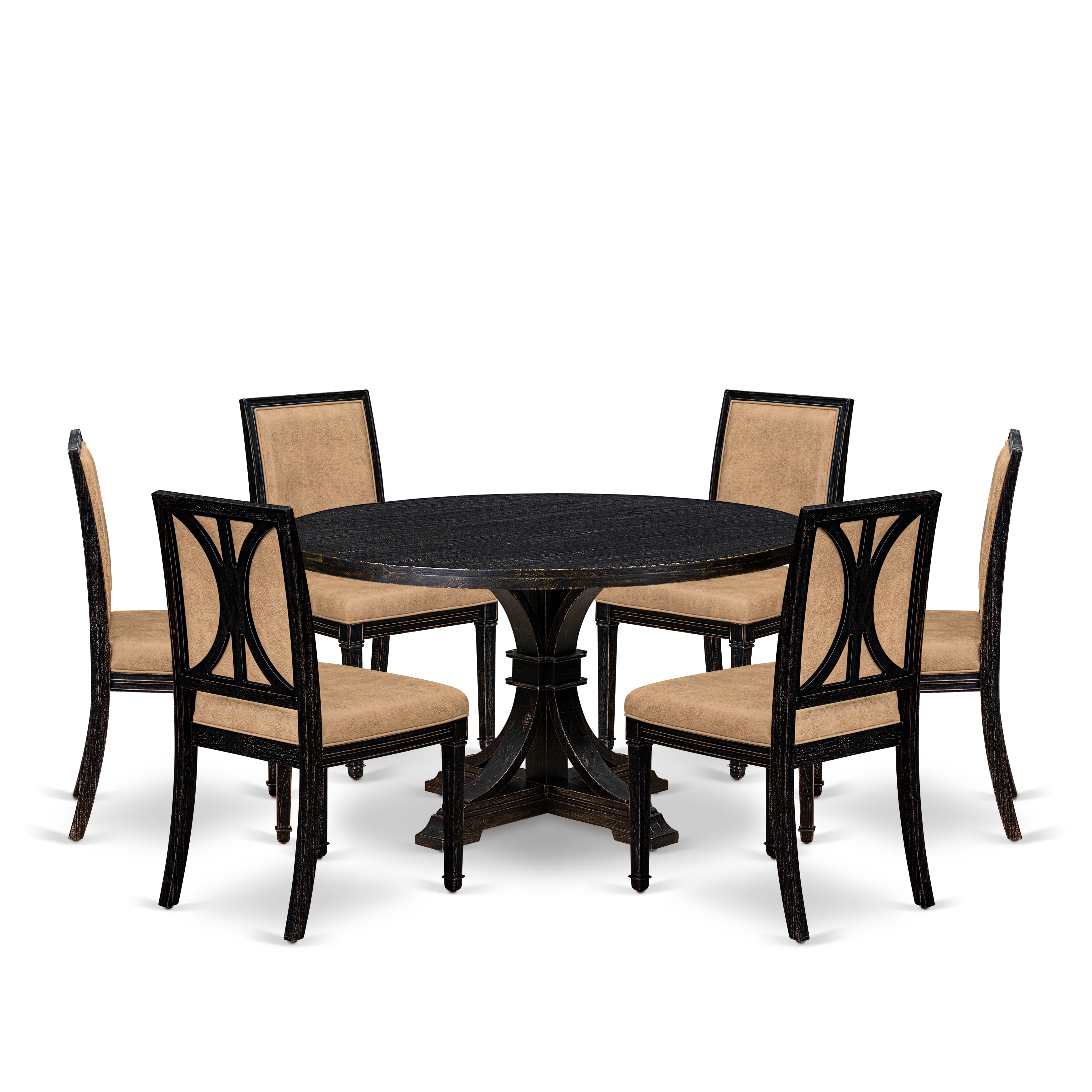 Luxe by East West Furniture I7AM7-511-28 7-Piece Dining Table Set with Polyester 6 Beige upholstered chairs, High Back, and A Kitchen Table in Sand Blasting Black Finish.