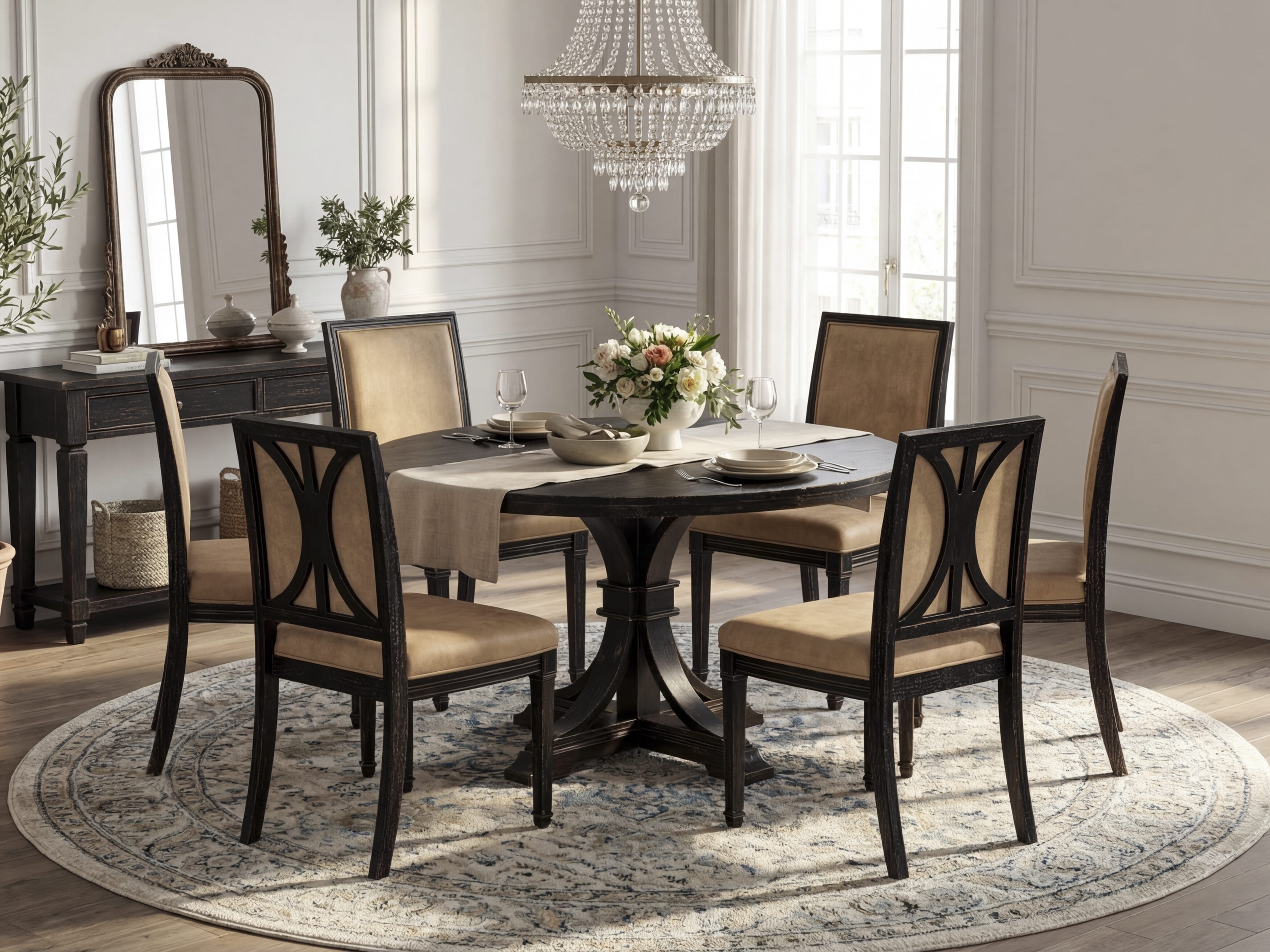 Luxe by East West Furniture I7AM7-511-28 7-Piece Dining Table Set with Polyester 6 Beige upholstered chairs, High Back, and A Kitchen Table in Sand Blasting Black Finish.