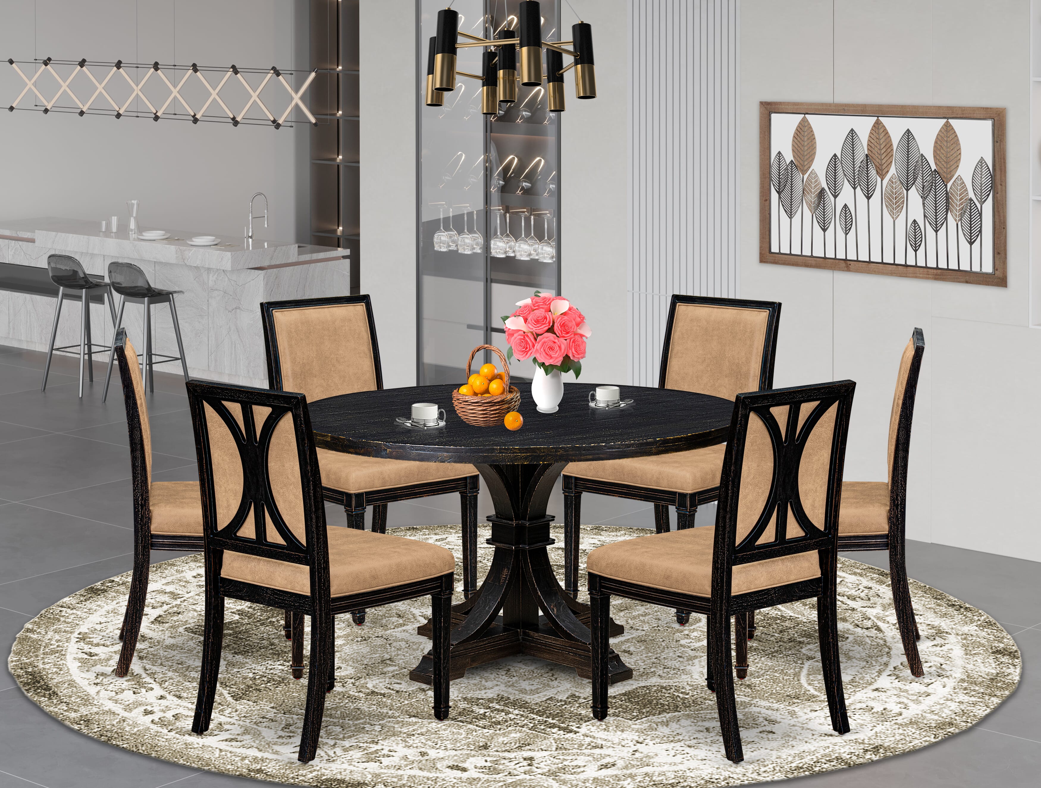 Luxe by East West Furniture I7AM7-511-28 7-Piece Dining Table Set with Polyester 6 Beige upholstered chairs, High Back, and A Kitchen Table in Sand Blasting Black Finish.