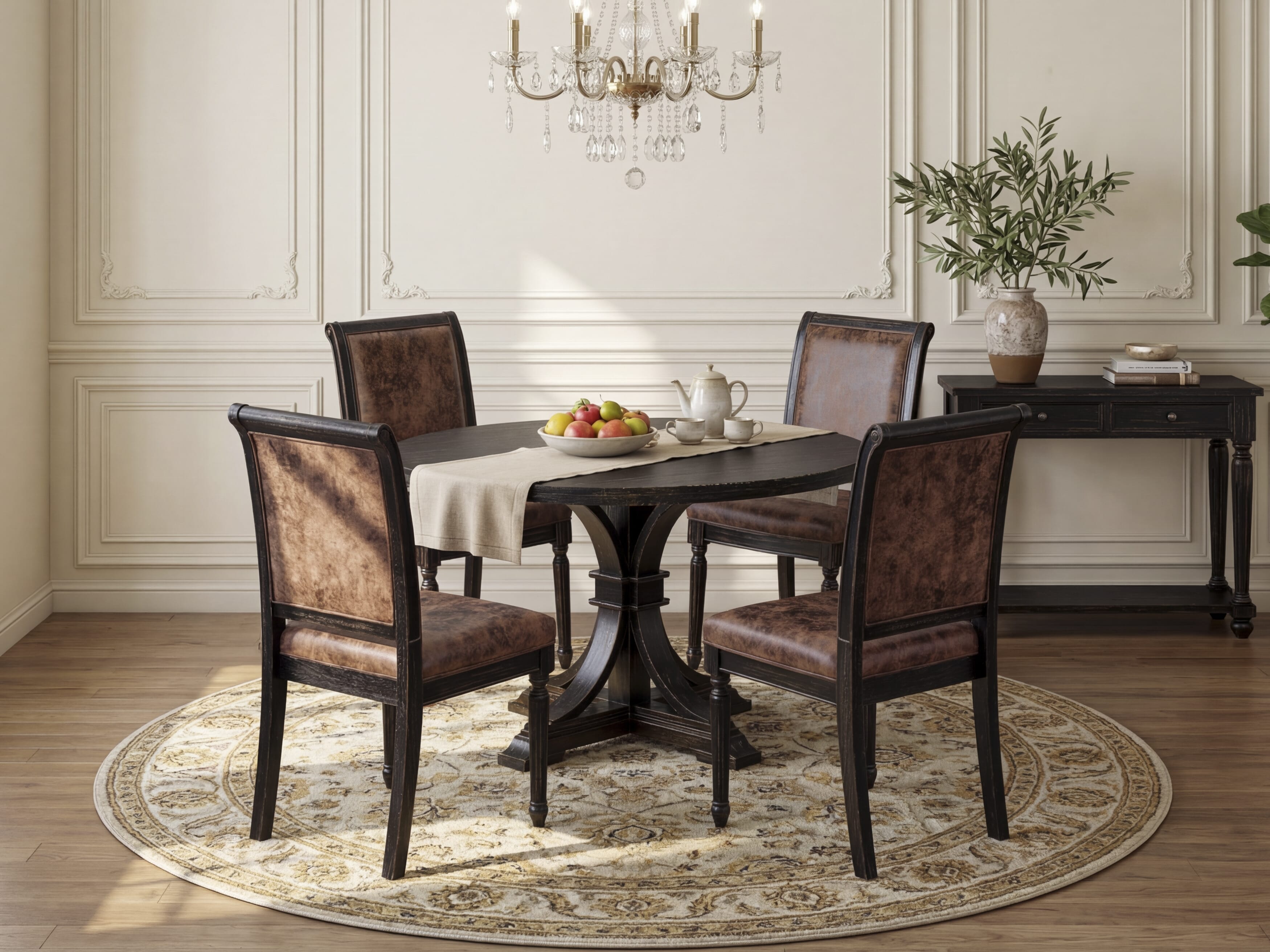 Luxe by East West Furniture I7CY5-411-33 5-Piece Kitchen Set with Polyester 4 Brown Textured dining room chairs, High Back, and A Breakfast Table in Sand Blasting Black Finish.