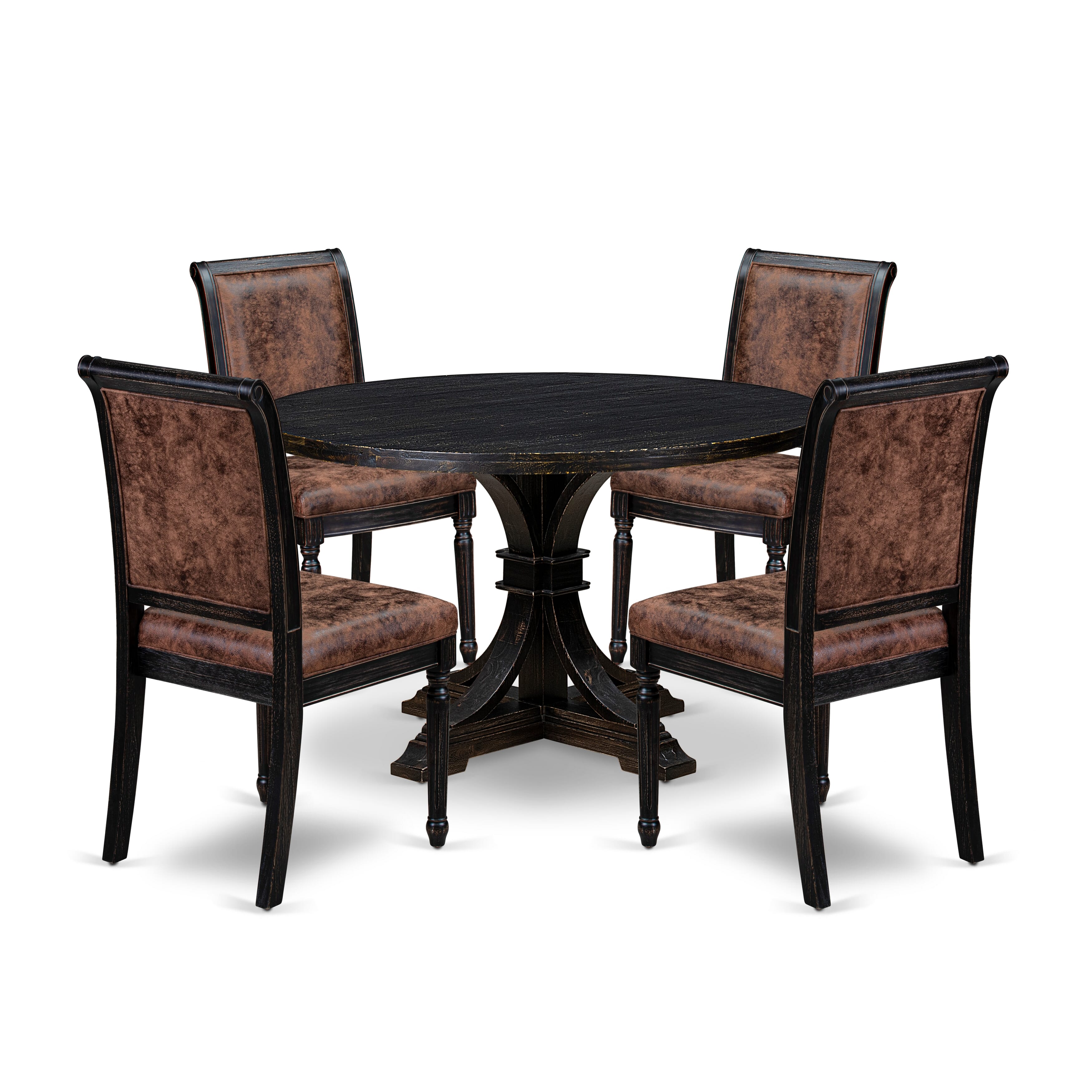 Luxe by East West Furniture I7CY5-411-33 5-Piece Kitchen Set with Polyester 4 Brown Textured dining room chairs, High Back, and A Breakfast Table in Sand Blasting Black Finish.
