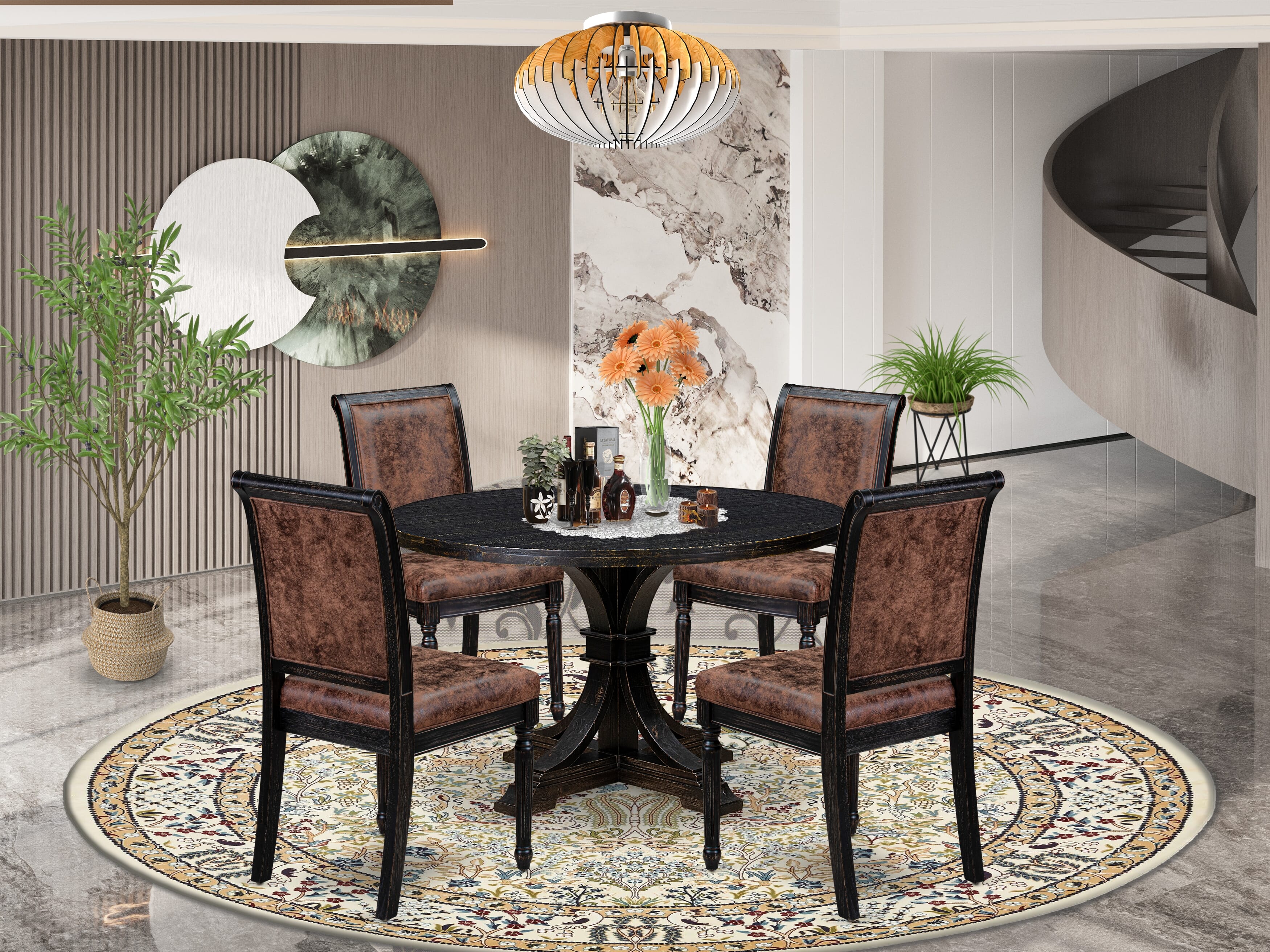 Luxe by East West Furniture I7CY5-411-33 5-Piece Kitchen Set with Polyester 4 Brown Textured dining room chairs, High Back, and A Breakfast Table in Sand Blasting Black Finish.