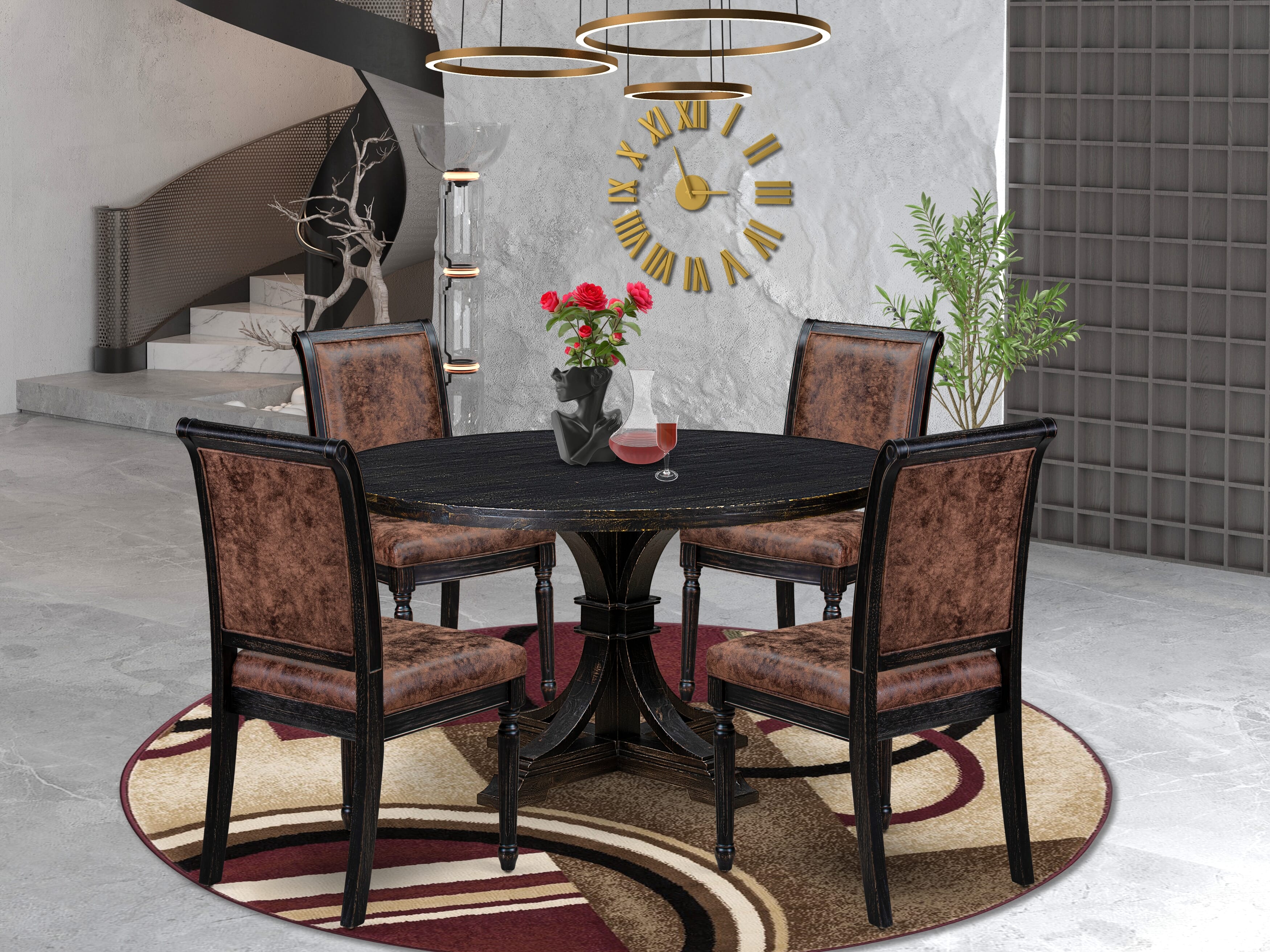 Luxe by East West Furniture I7CY5-511-33 5-Piece Dining Room Set with Polyester 4 Brown Textured kitchen chairs, High Back, and A Modern Table in Sand Blasting Black Finish.