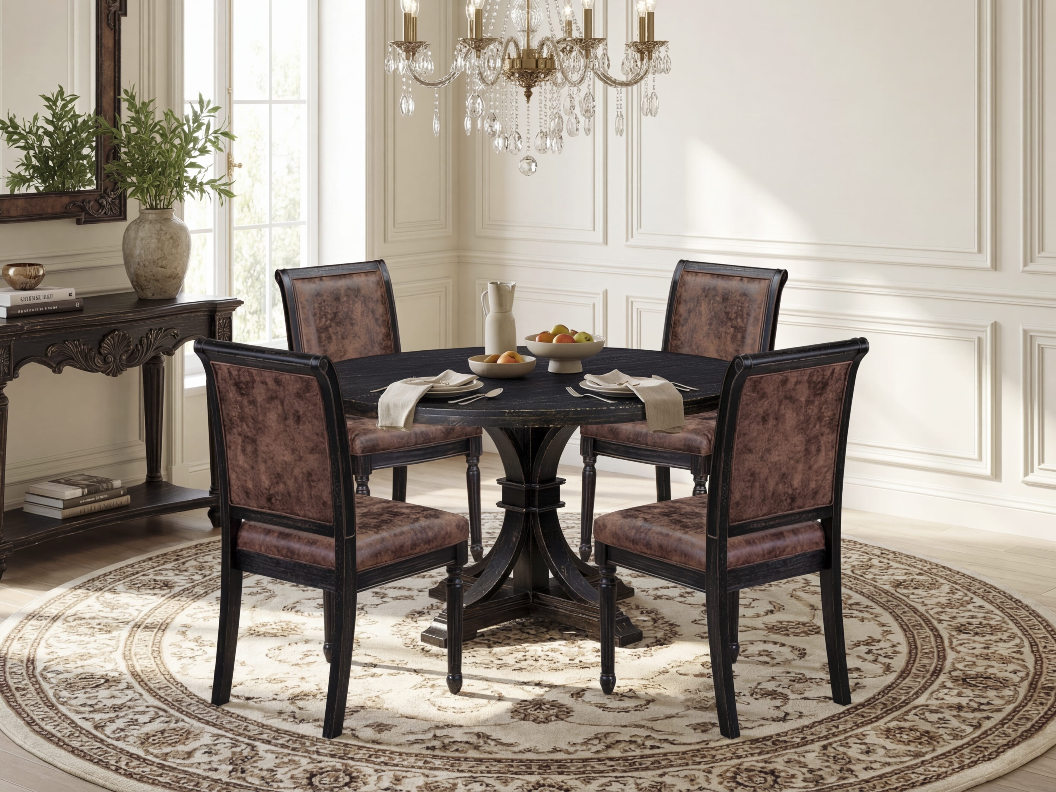 Luxe by East West Furniture I7CY5-511-33 5-Piece Dining Room Set with Polyester 4 Brown Textured kitchen chairs, High Back, and A Modern Table in Sand Blasting Black Finish.