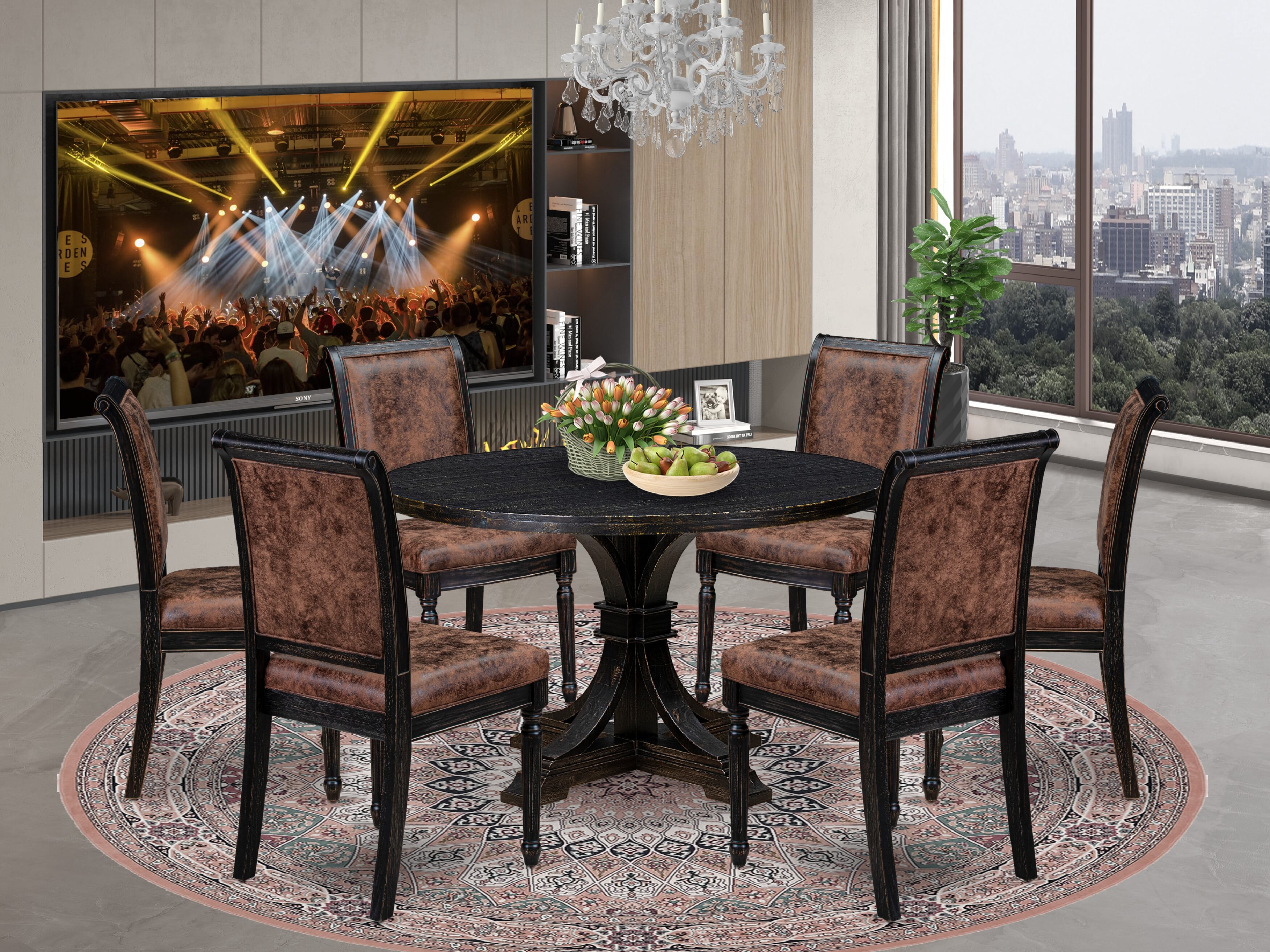 Luxe by East West Furniture I7CY7-411-33 7-piece Modern Dining Set with Polyester 6 Brown Textured Modern chairs, High Back, and A Kitchen Table in Sand Blasting Black Finish.