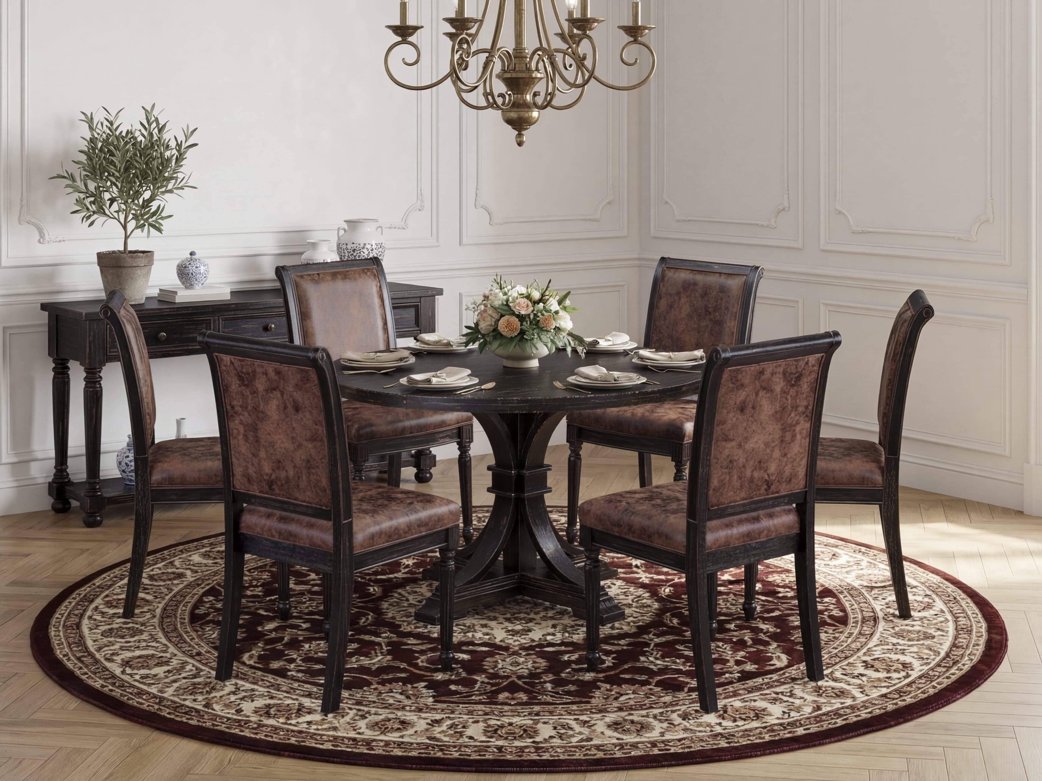 Luxe by East West Furniture I7CY7-411-33 7-piece Modern Dining Set with Polyester 6 Brown Textured Modern chairs, High Back, and A Kitchen Table in Sand Blasting Black Finish.